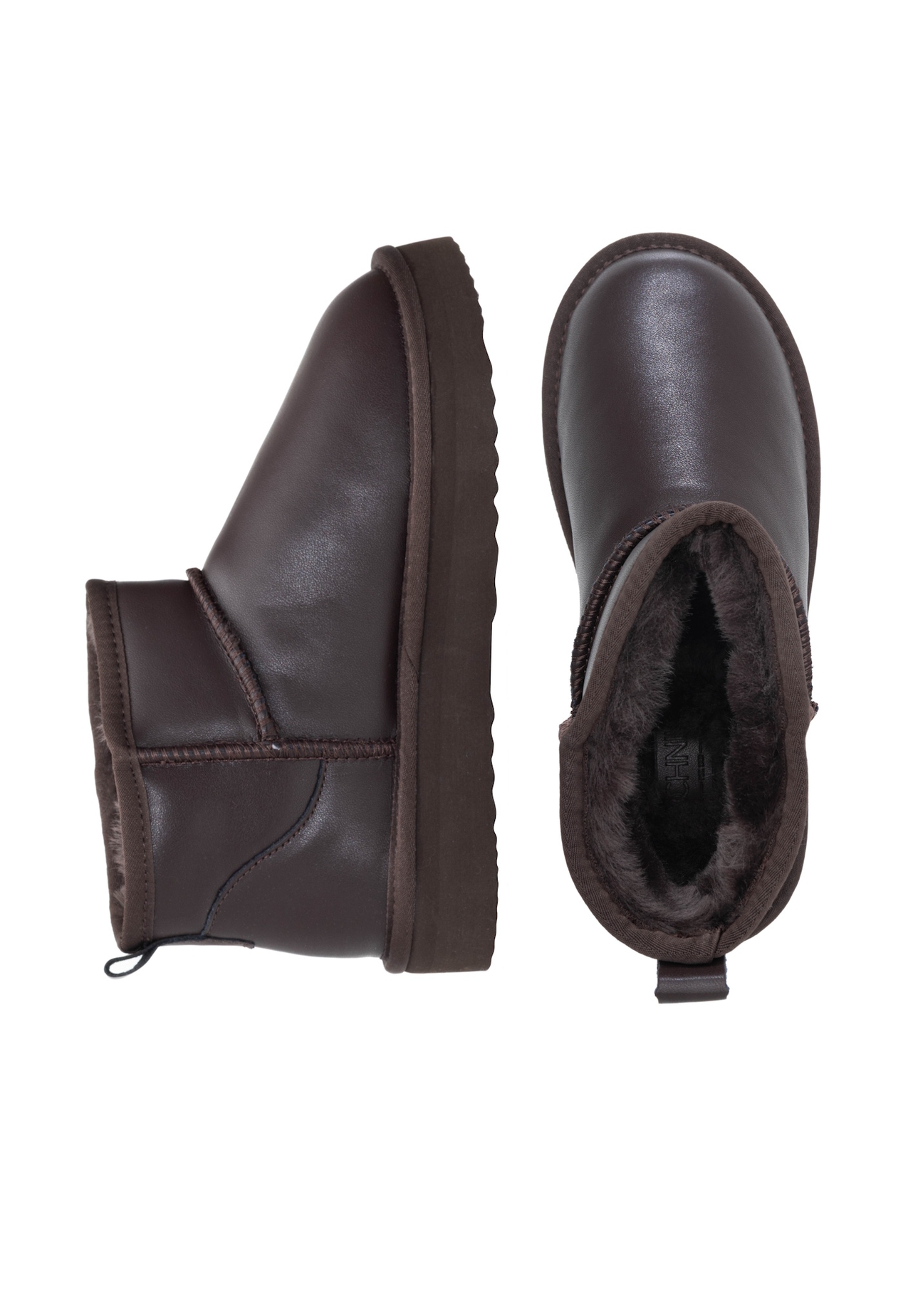 Brown leather women's snow boots BUTYD-1219-89(Z25), product view from above on a white background.