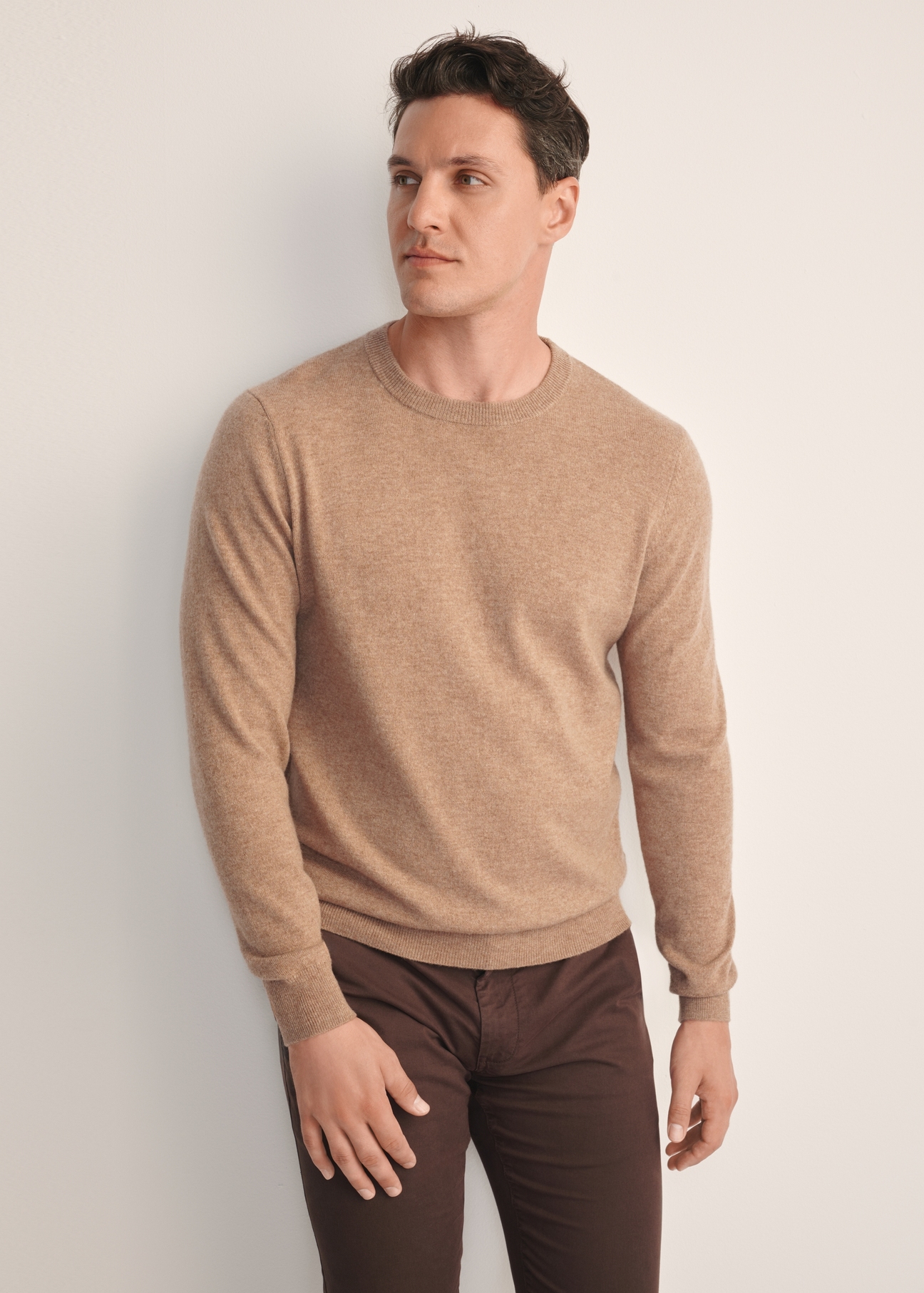 Men's camel sweater SWEMT-0186-24(Z25), front view of the product on the model. Half of the silhouette visible.