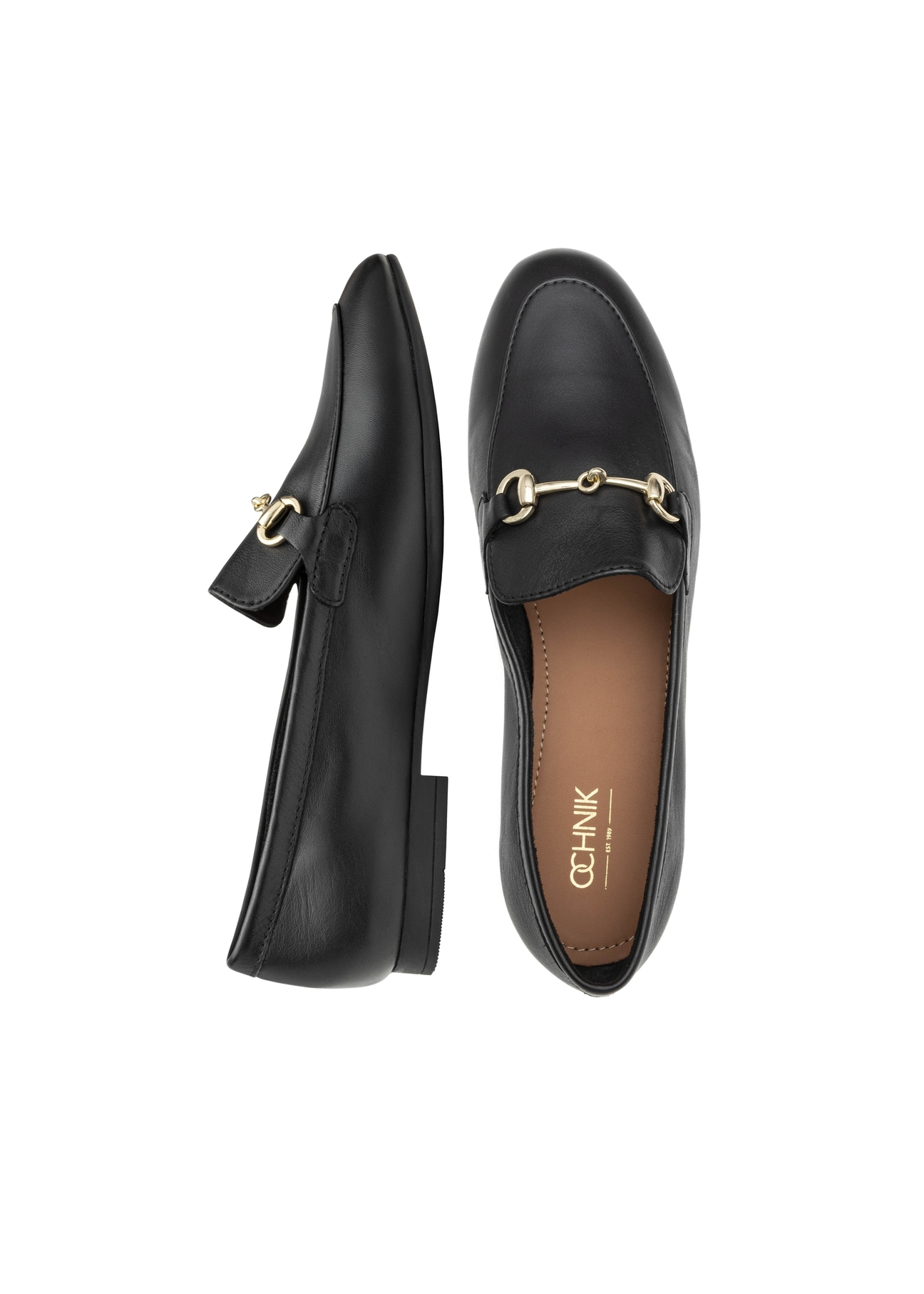 Women's leather black moccasins BUTYD-0916A-99(W26), product view from above on a white background.