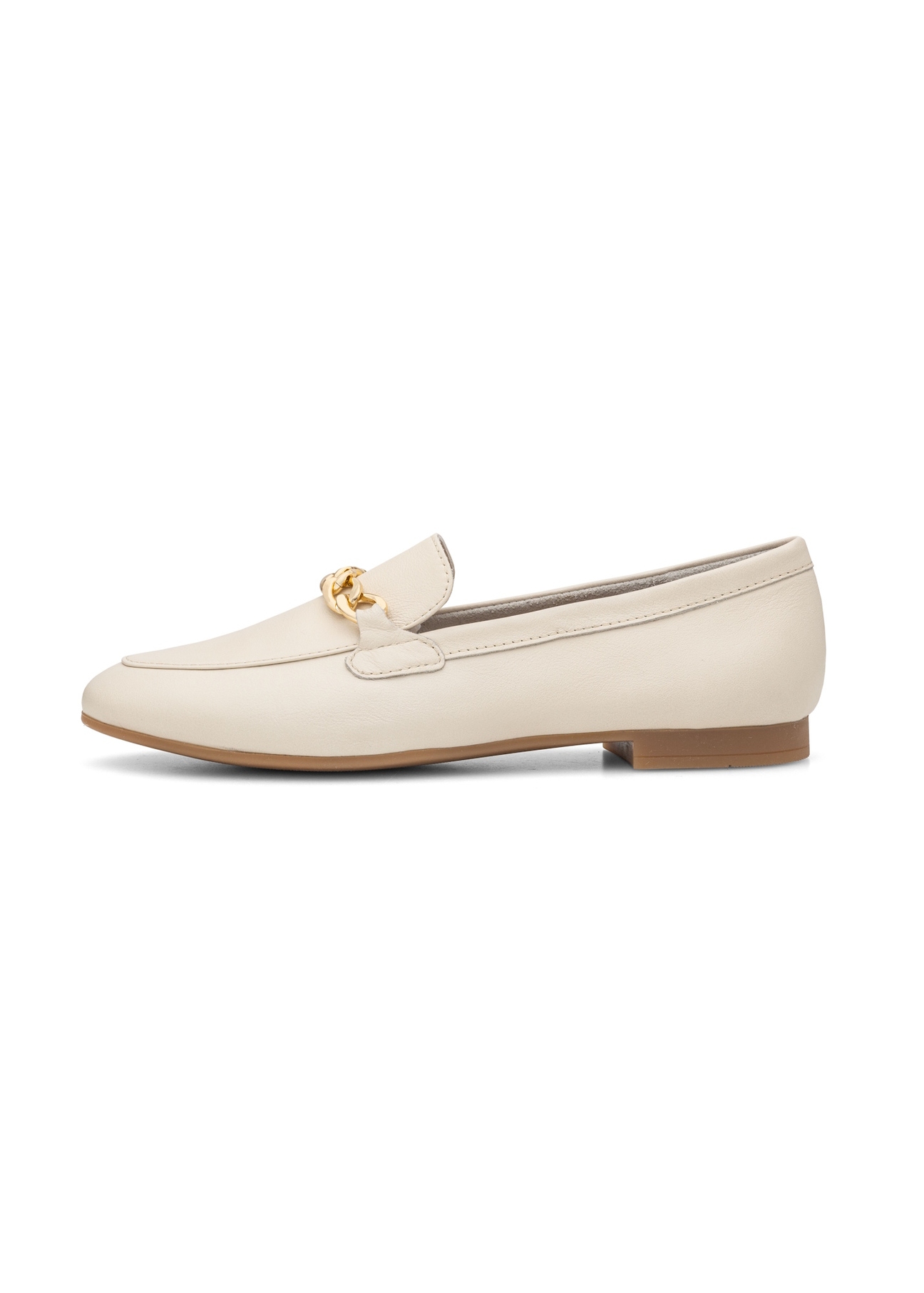 Women's cream leather loafers with chain BUTYD-0914A-0B(W26), side product view on white background.