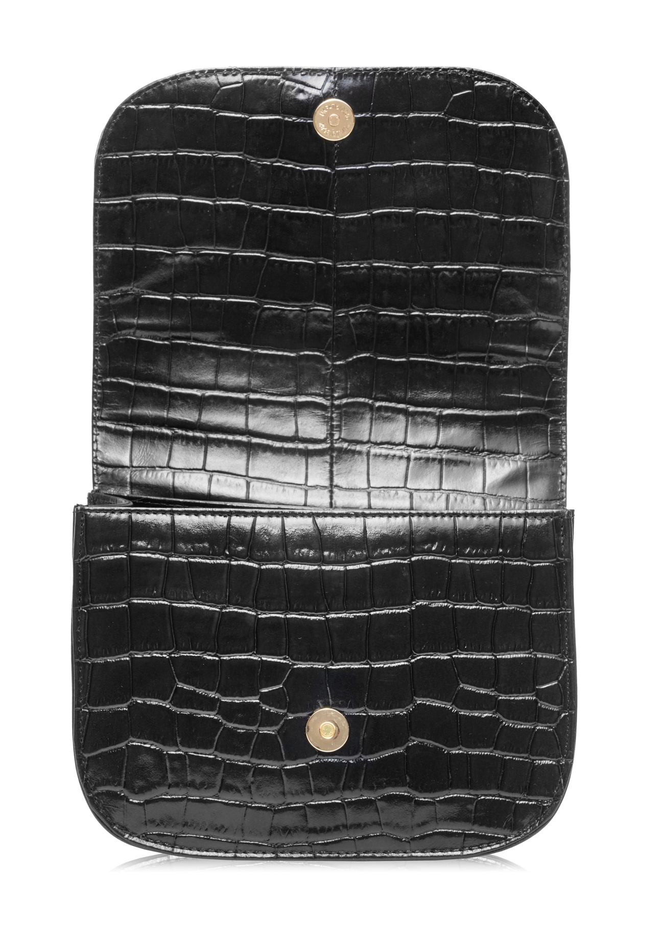 Leather black women's croco handbag TORES-1129E-99(Z25), product view with open flap on white background.