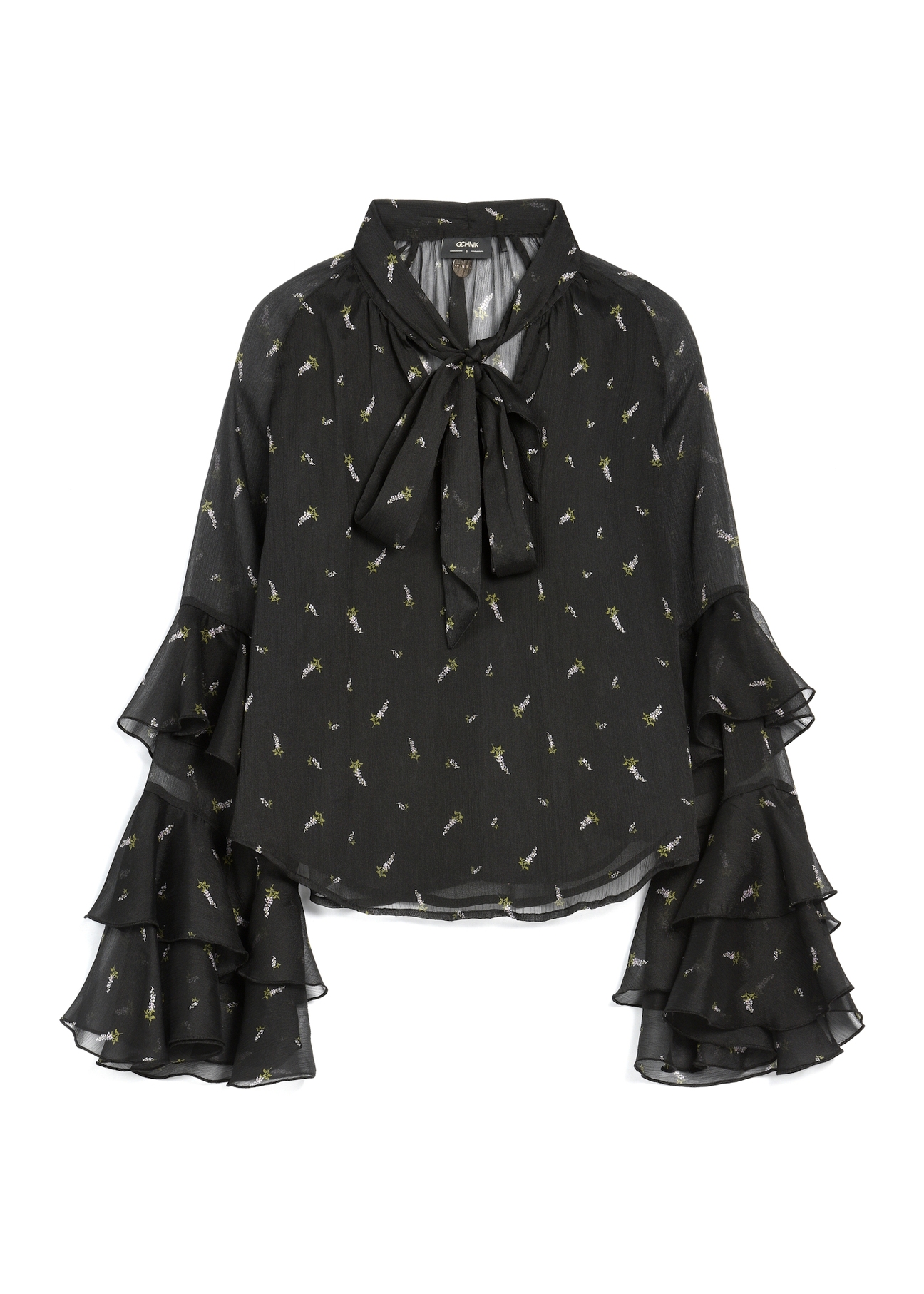 Black women's blouse with lilac pattern BLUDT-0212-9P(Z26), product view from the front on a white background.