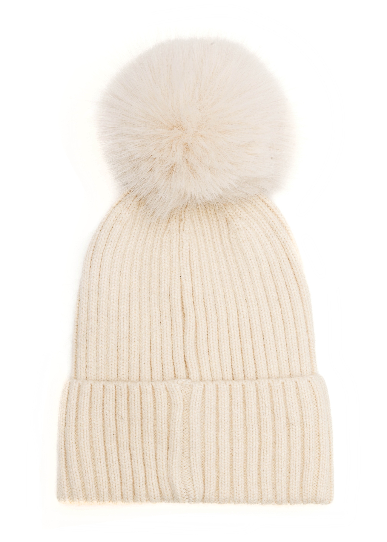 Cream women's hat with pompom CZADT-0216-16(Z25), product view from the back on a white background.
