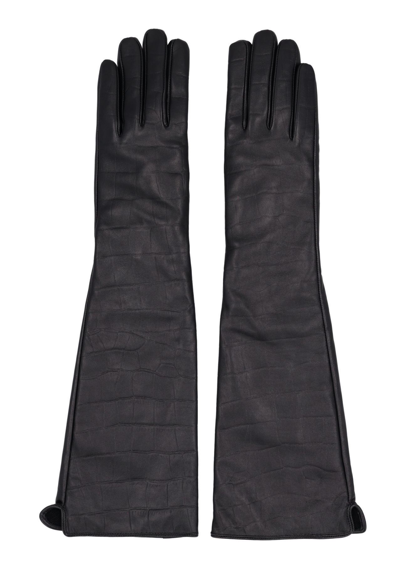 Long leather black women's croco gloves REKDS-0088-9G(Z26), front product view on white background.