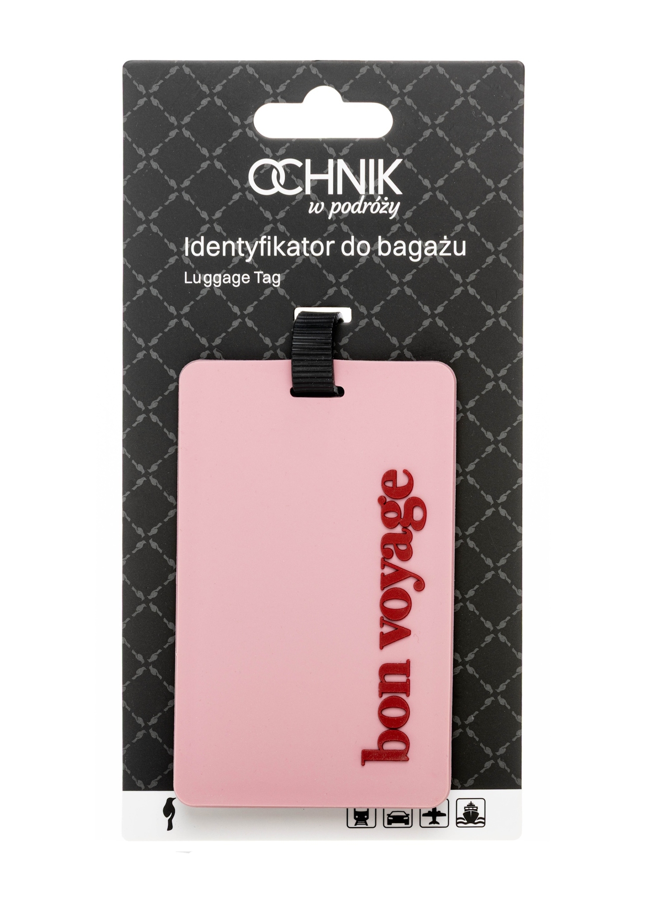 Luggage tag AW-012-0015-5D(W26), product view with packaging on white background.