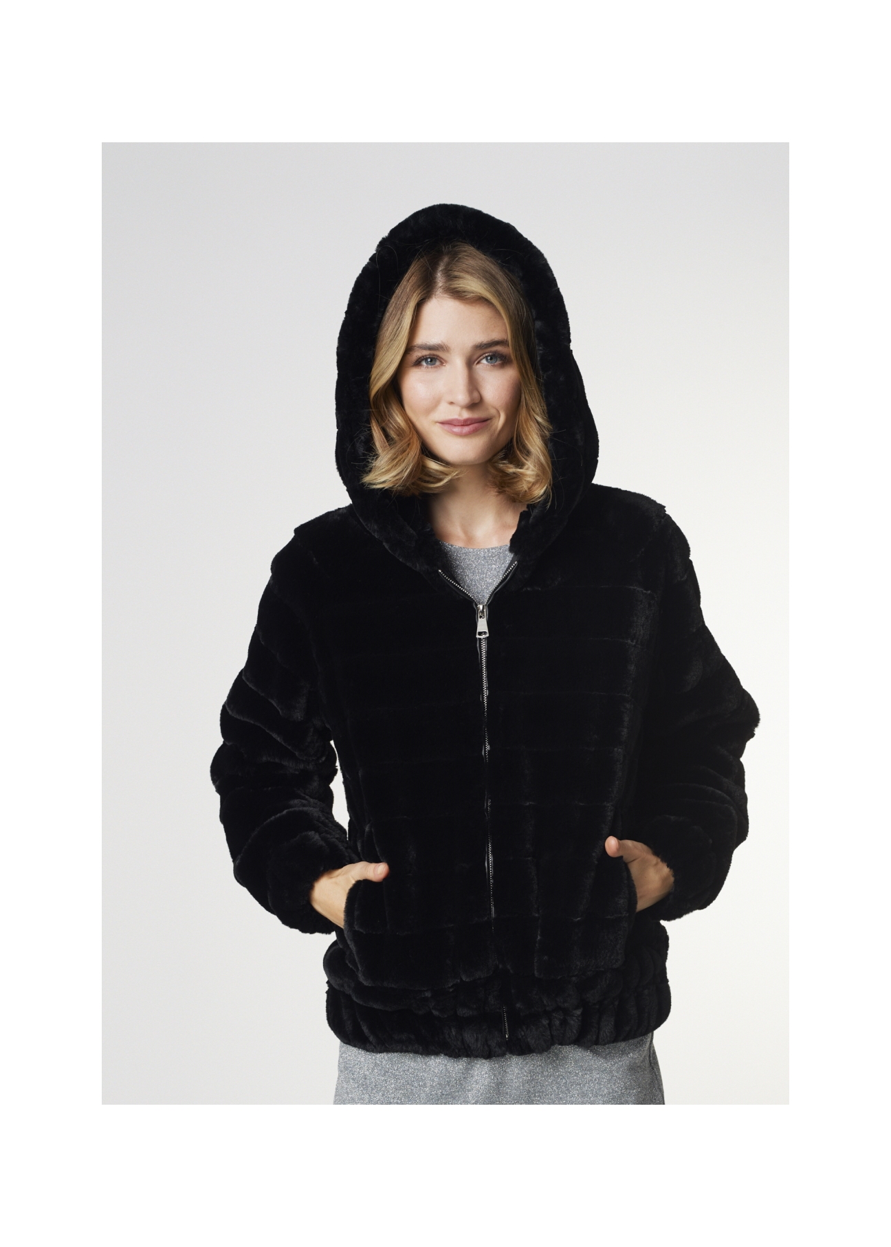 Women's artificial black fur coat with hood FUTDP-0006-99(Z21)-02