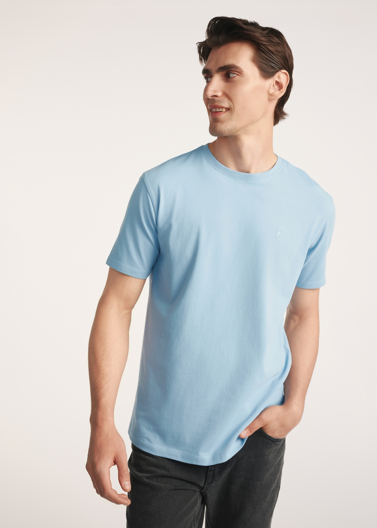 Sky blue men's t-shirt TSHMT-0120-62(Z25) - front view on a model on a white background. Half of the silhouette visible.