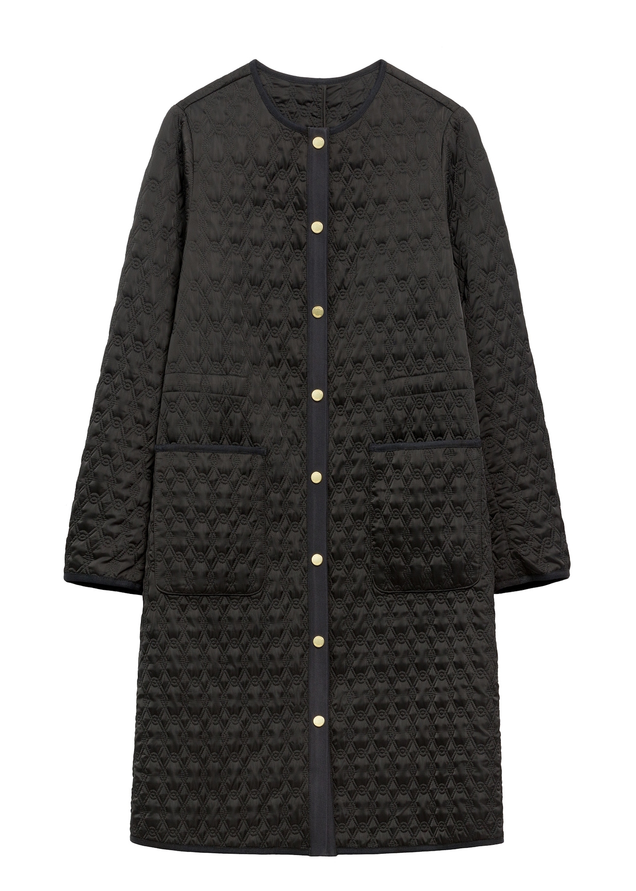 Black long women's quilted jacket KURDT-0631-99(W26), front product view on white background.