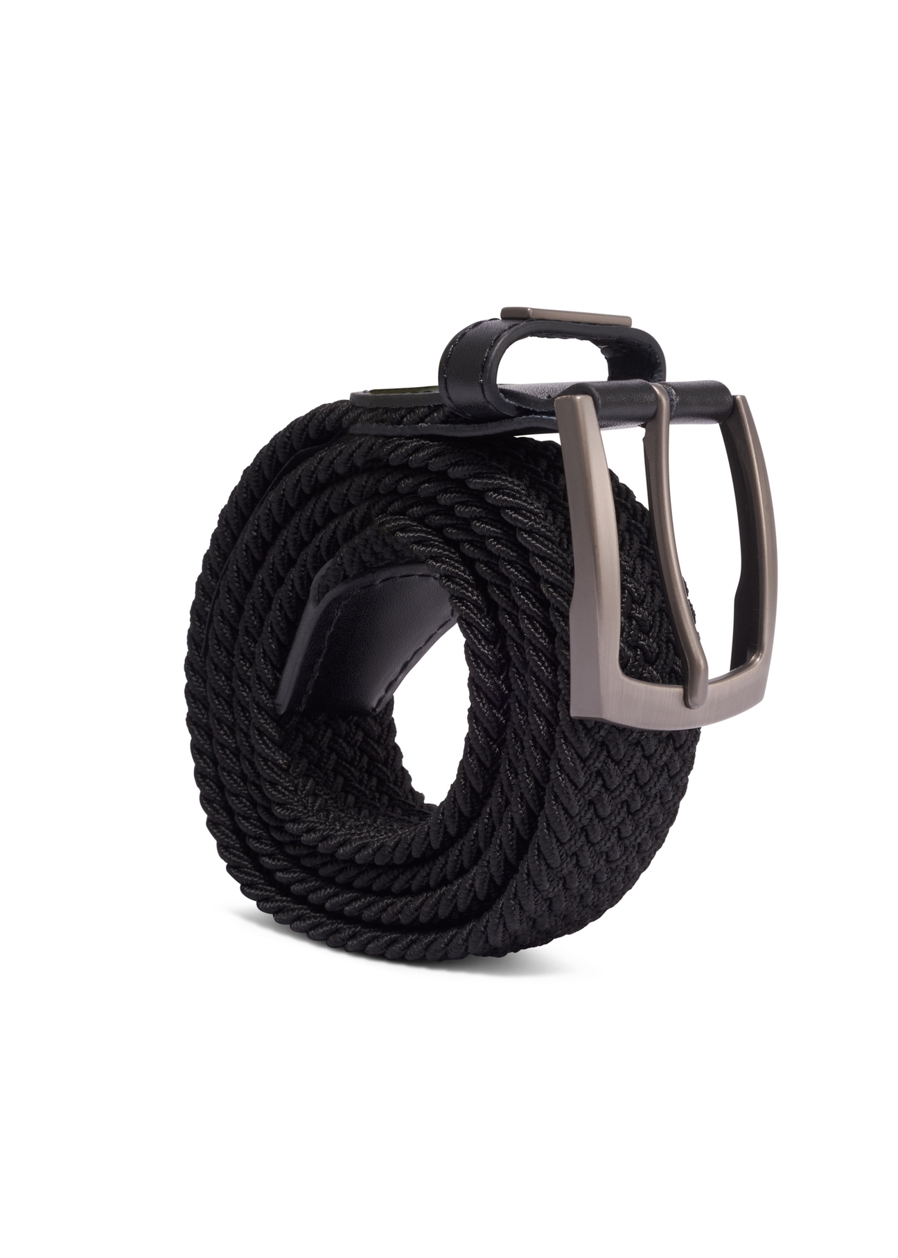 Black braided men's belt PASMT-0004-99(Z26), diagonal view of the product on a white background.