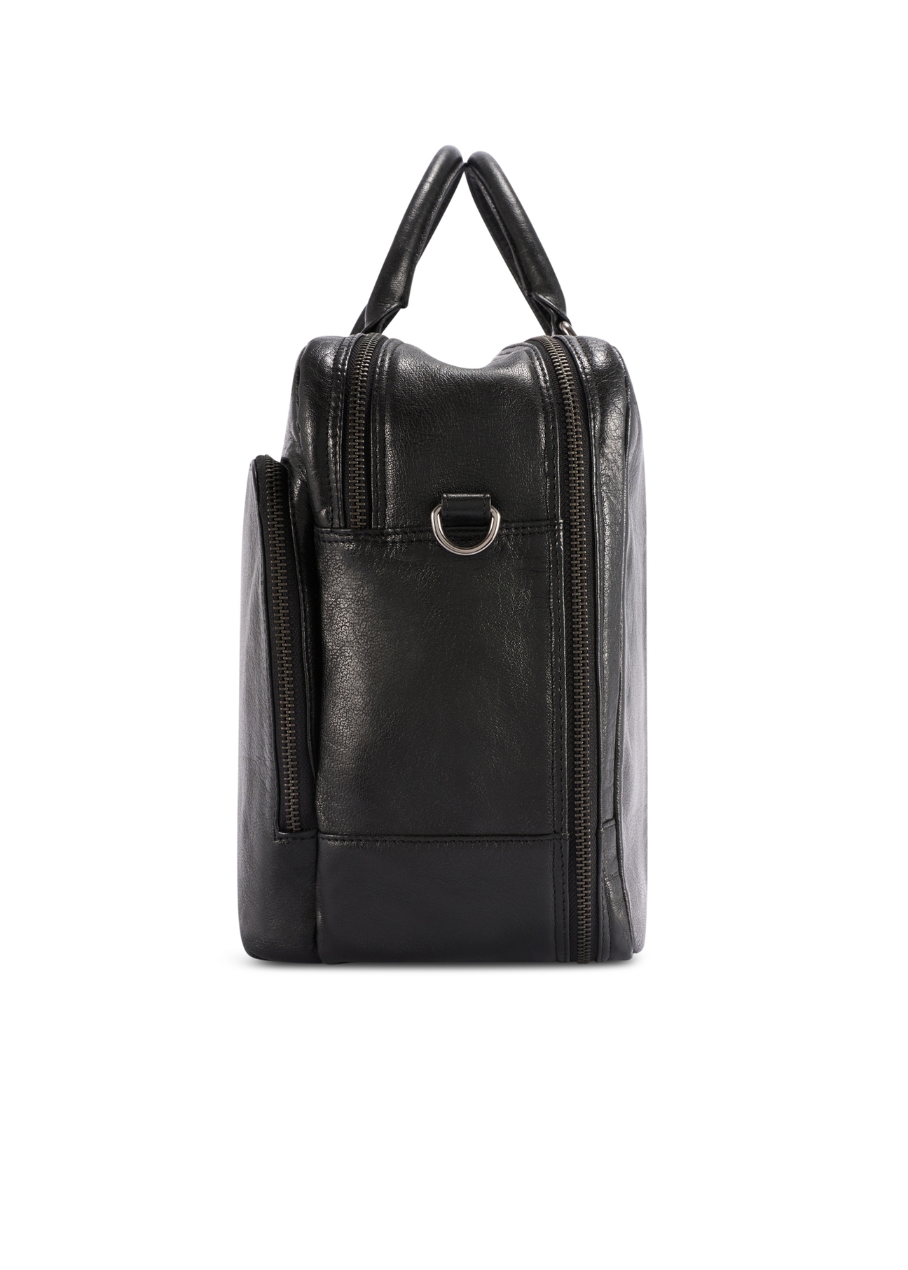 Black large leather men's bag TORMS-0489-99(W26) - side product view, on white background.