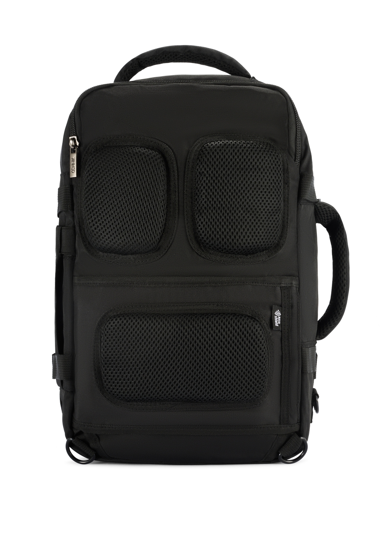Black airplane backpack PLCMN-0017-99(Z25), product view from the back on a white background.