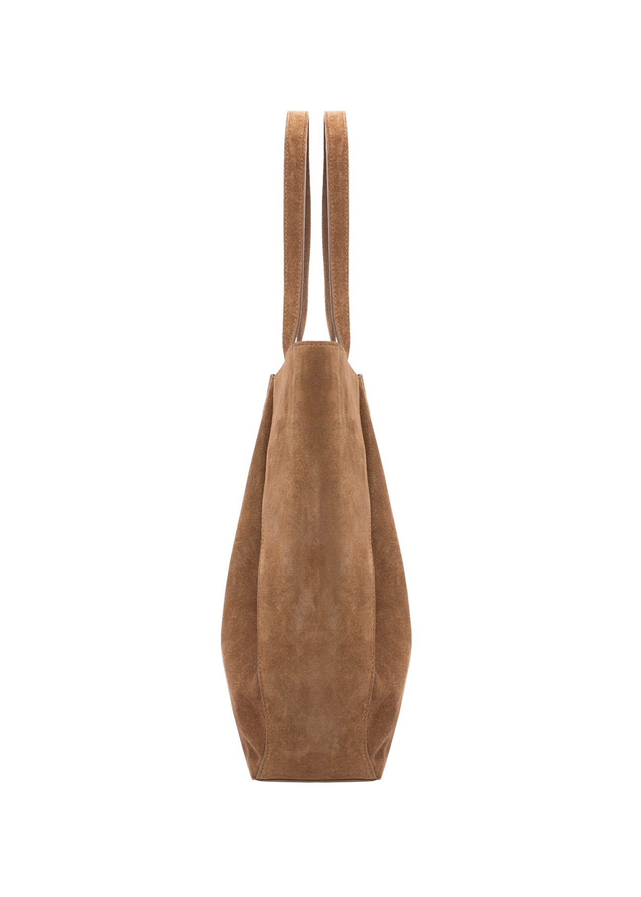 Cognac-colored women's suede shopper bag TORES-1358-1F(Z26), side view on a white background.