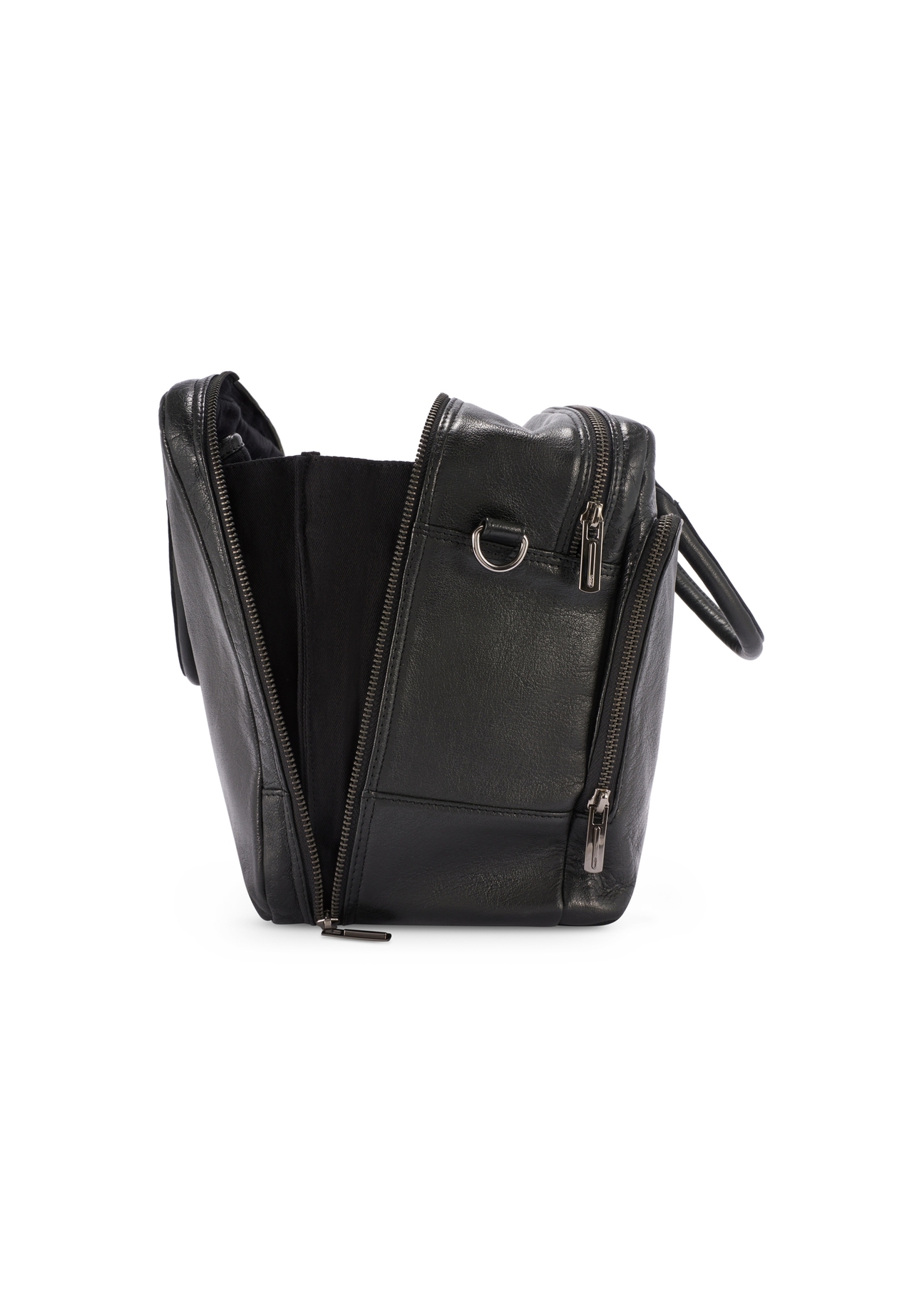 Black large leather men's bag TORMS-0489-99(W26) - side product view, on white background.
