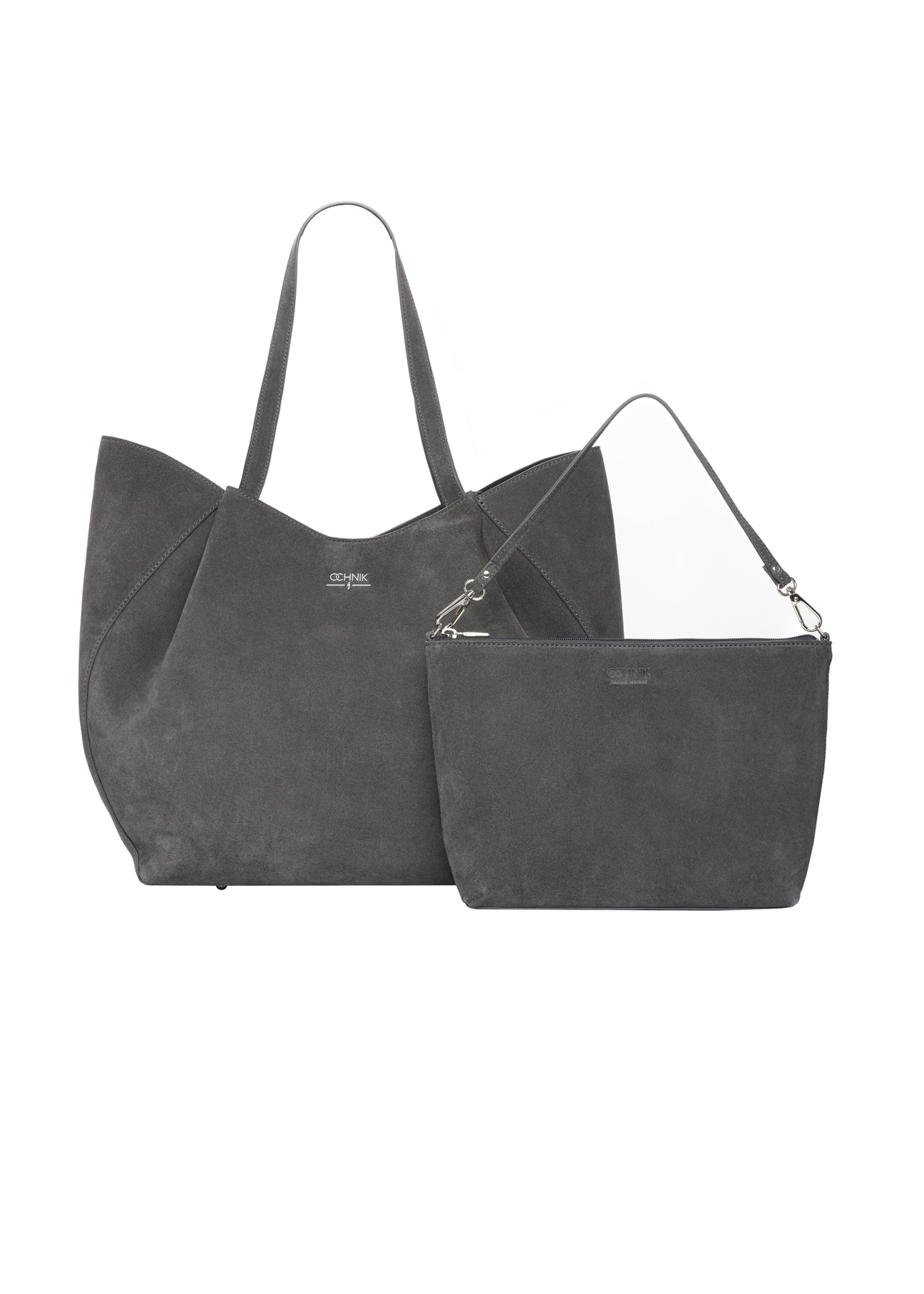 Women's suede graphite shopper bag TORES-1358-9D(Z26), front product view with cosmetic bag on white background.
