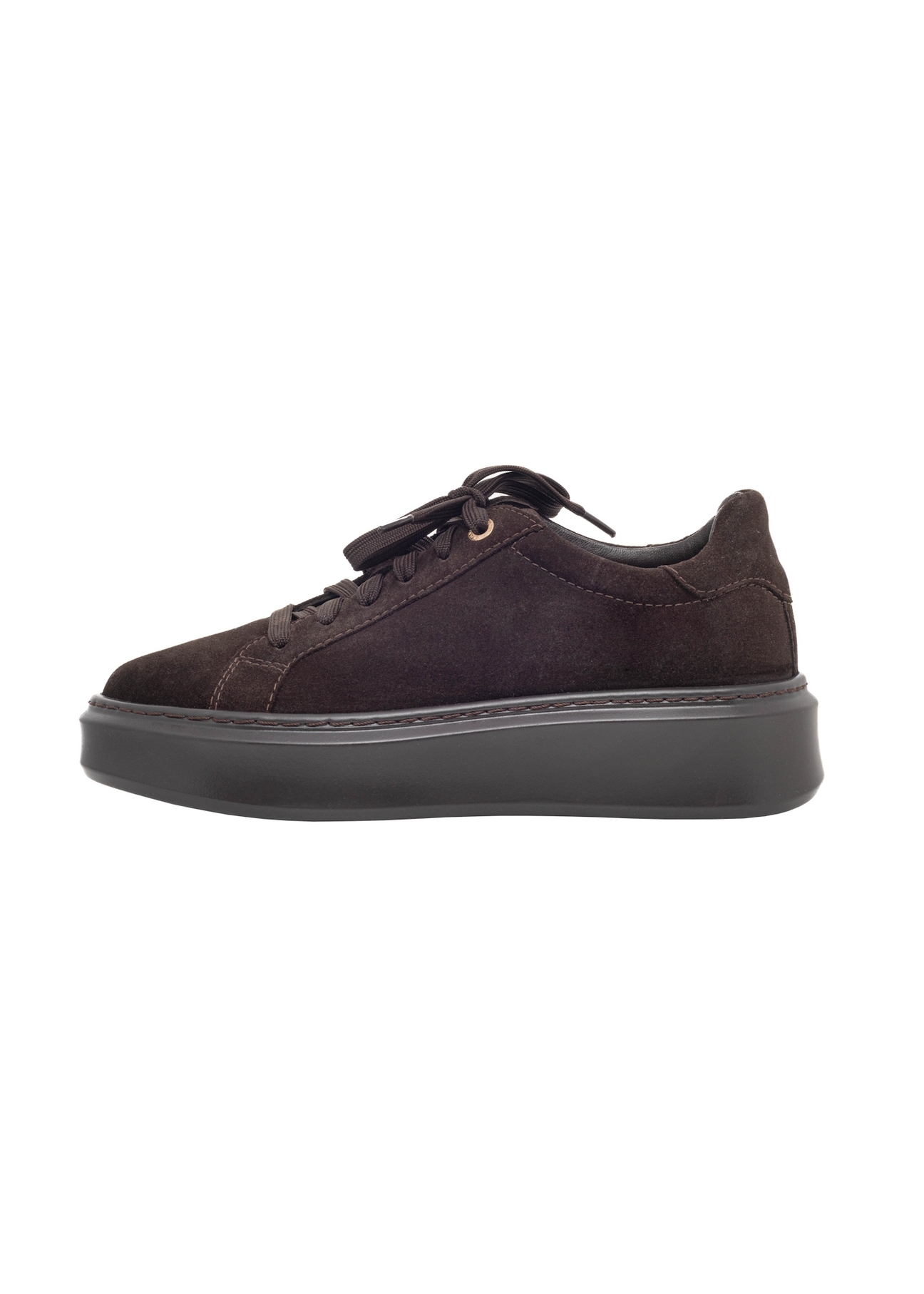 Women's suede shoes in dark brown color BUTYD-1284-1I(Z26), side view of the product on a light background.