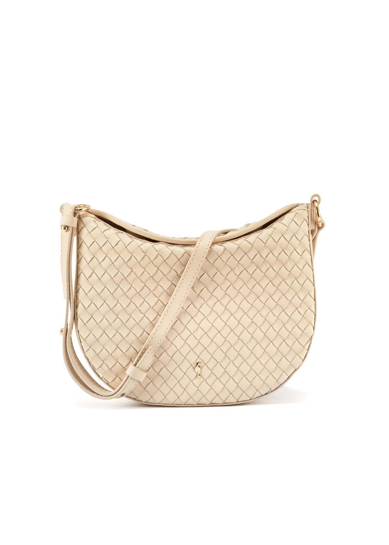 Cream braided leather messenger bag TORES-1109-12(W25) - front view on white background.