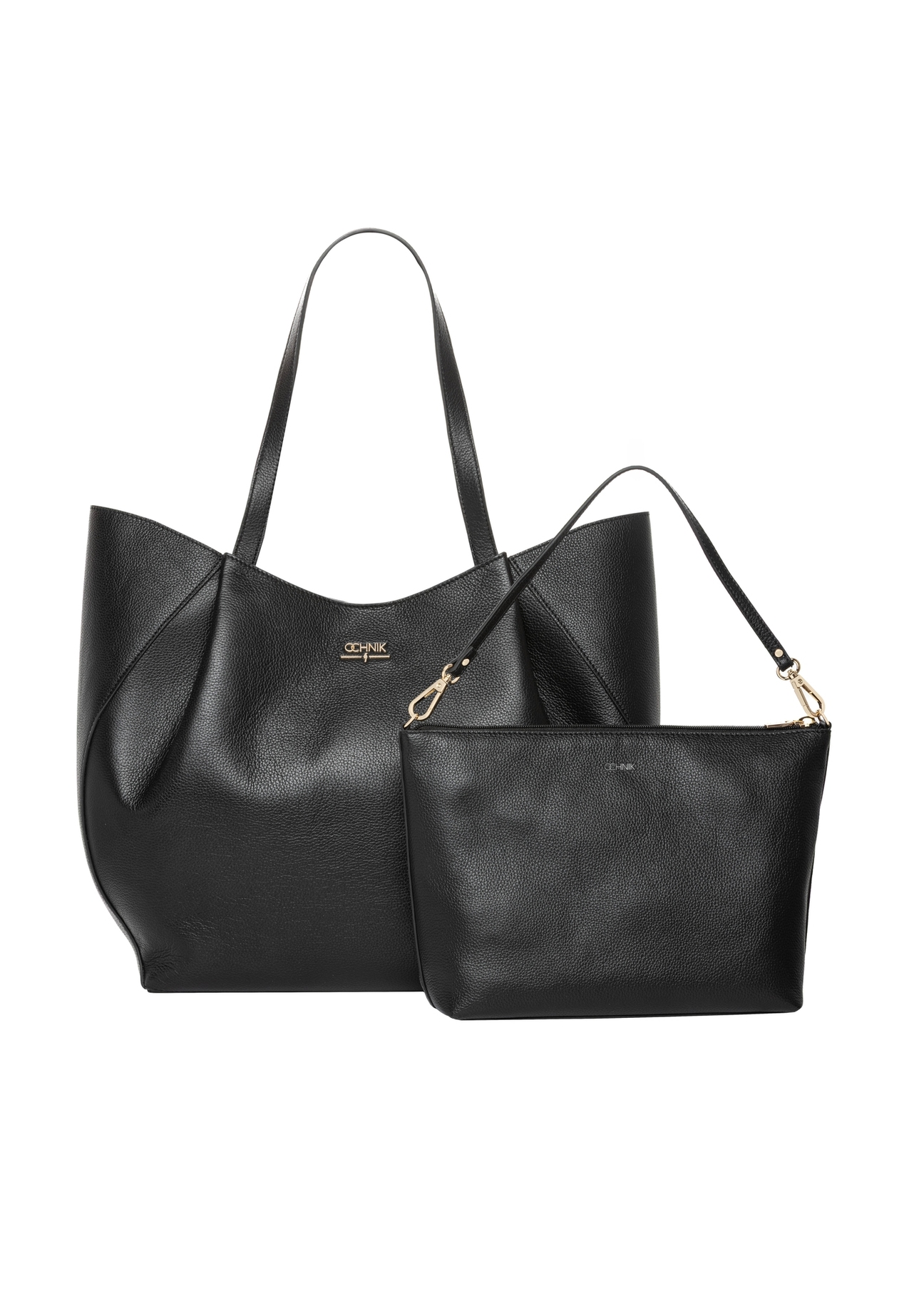 Women's leather black shopper bag TORES-1358-99(Z26), front product view with cosmetic bag on white background.