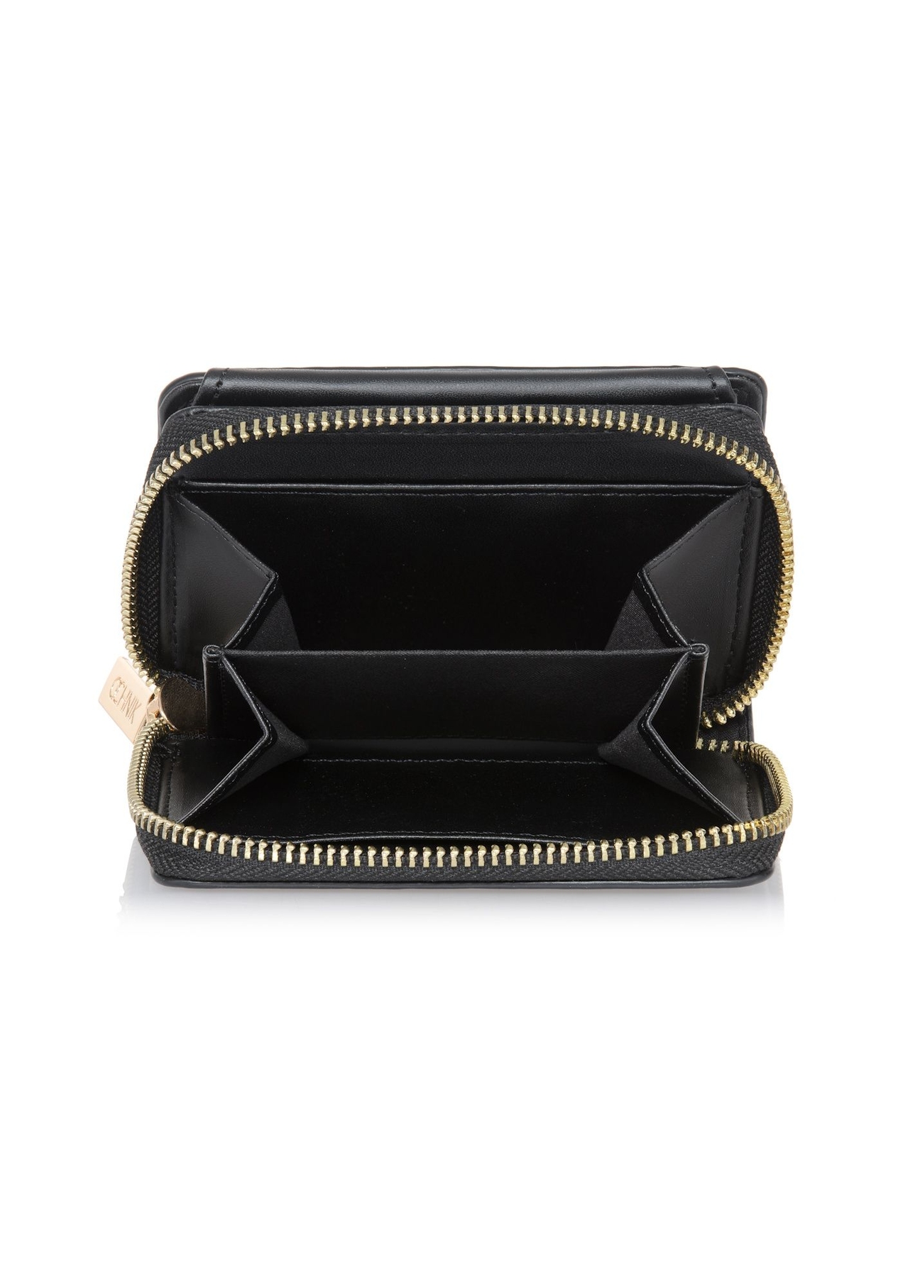 Small black women's wallet with monogram POREC-0349A-9P(Z26), product view inside on white background.