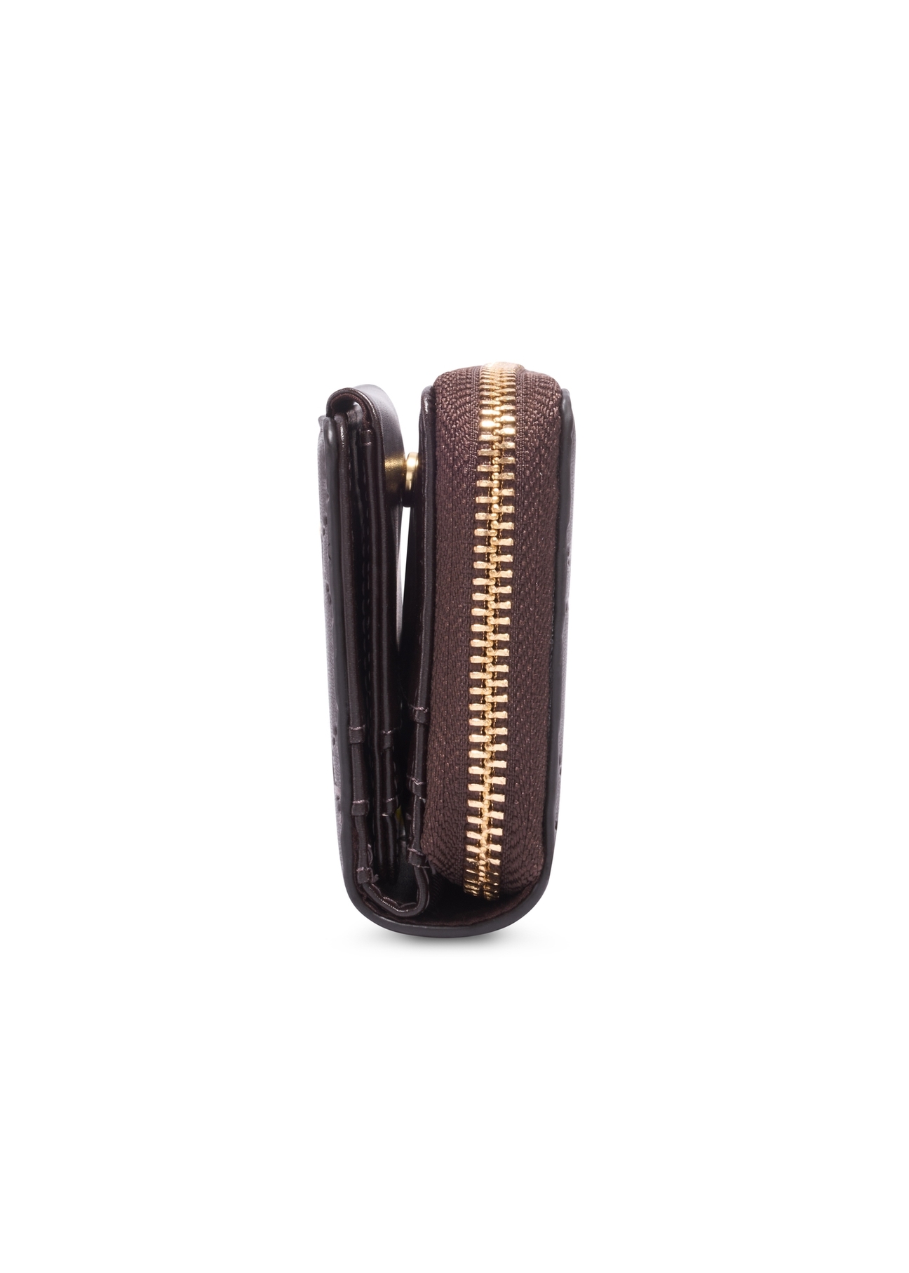 Small brown women's wallet with monogram POREC-0349A-1I(Z26), side product view on white background.
