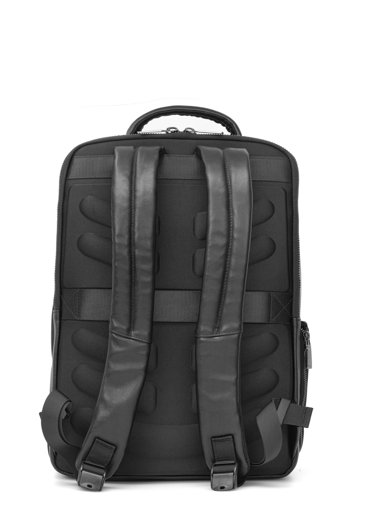 Men's black leather backpack PLCMS-0024-99(W26) - product view from the back, on a white background.