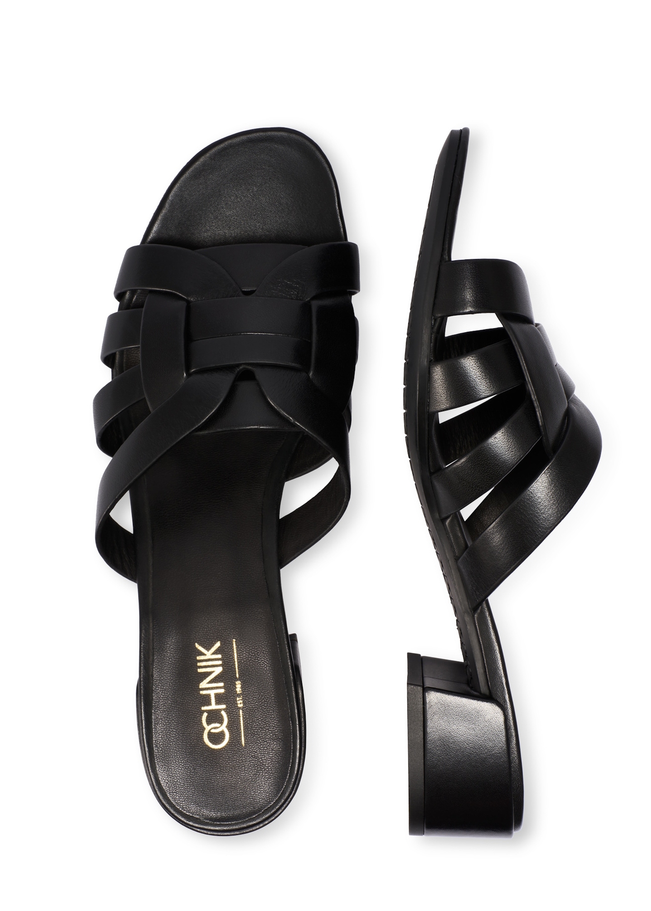 Women's leather mules on a block heel BUTYD-1265-99(W26), product view from above on a white background.