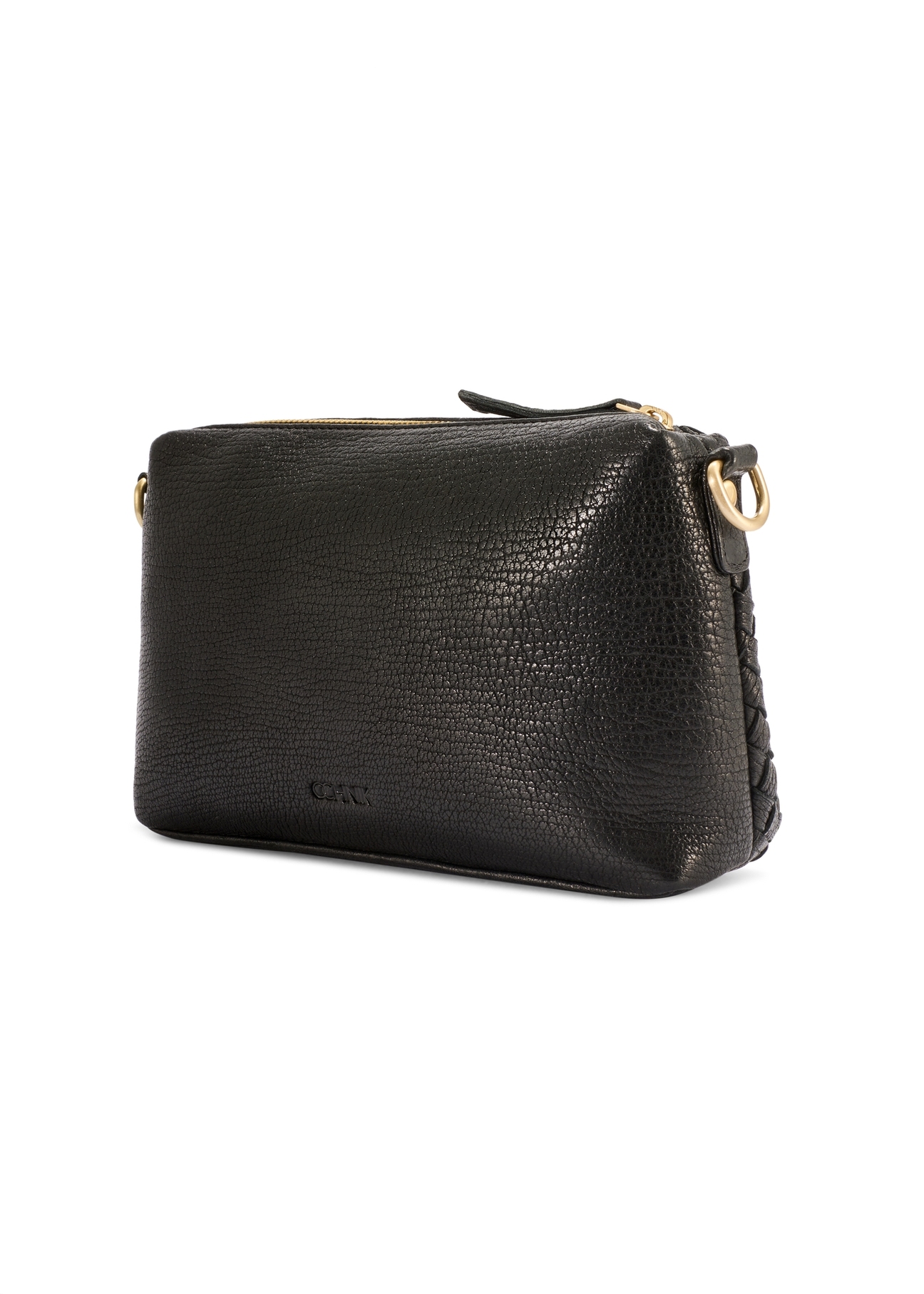 Black leather handbag with decorative weave TORES-1243-9P(W26), diagonal product view on white background.