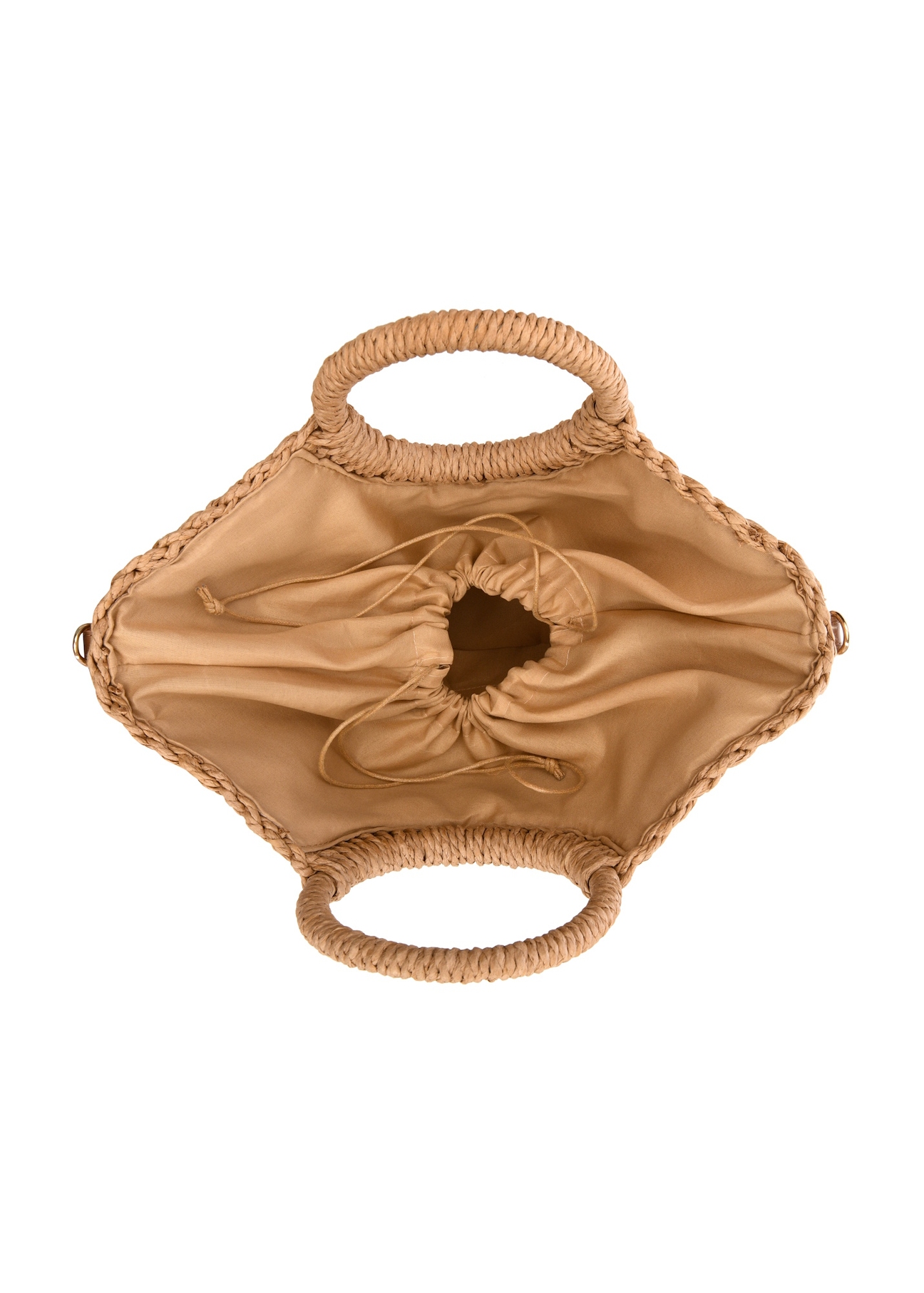 Semi-circular beige woven handbag TOREC-0940-1E(W26), product view inside on white background.