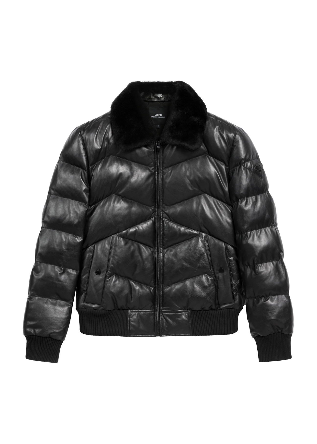Black men's leather jacket with insulation KURMS-0377-1127(Z25), product view from the front on a white background.
