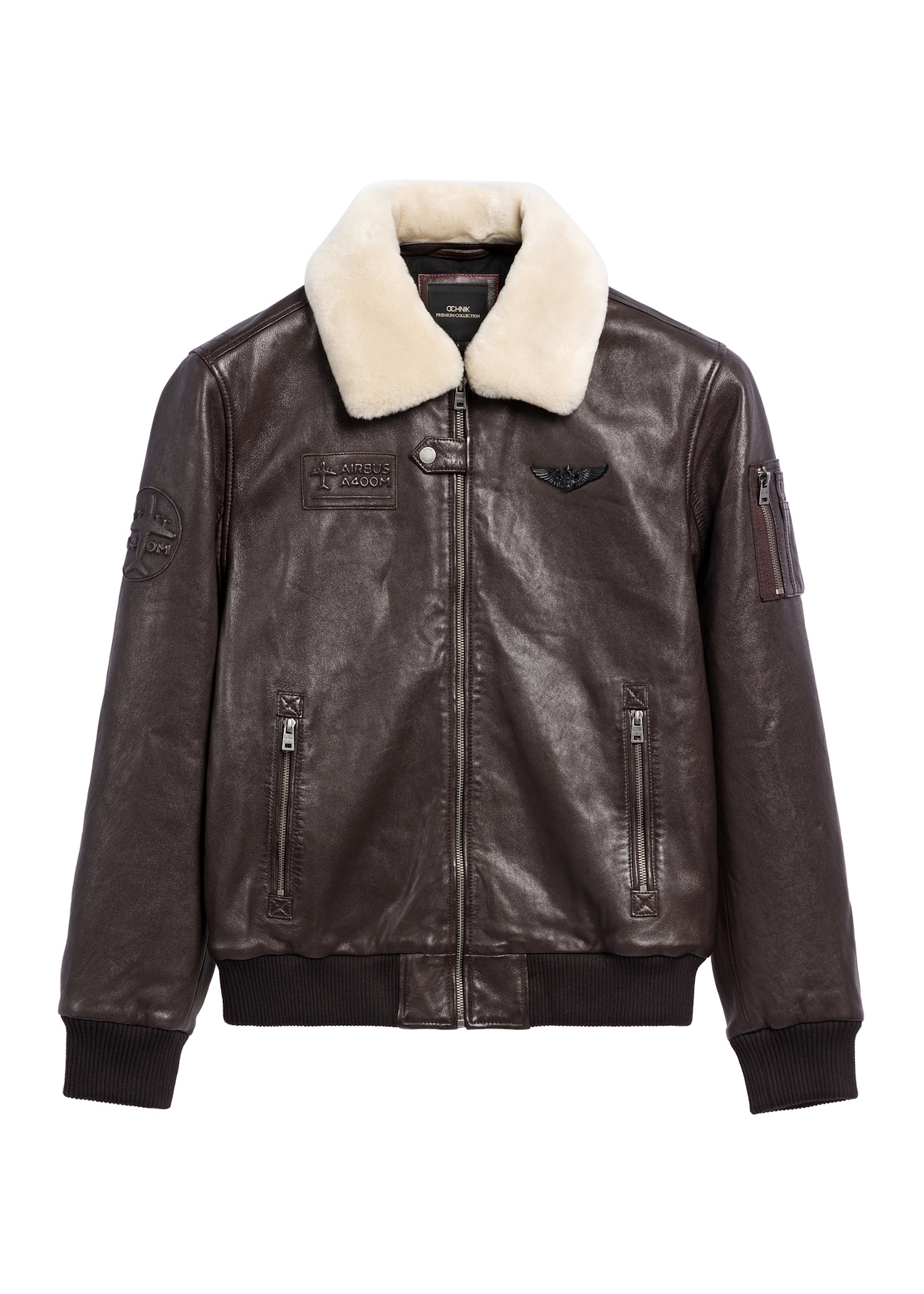 Brown men's leather bomber jacket KURMS-0350-1H(Z26), front product view on white background.