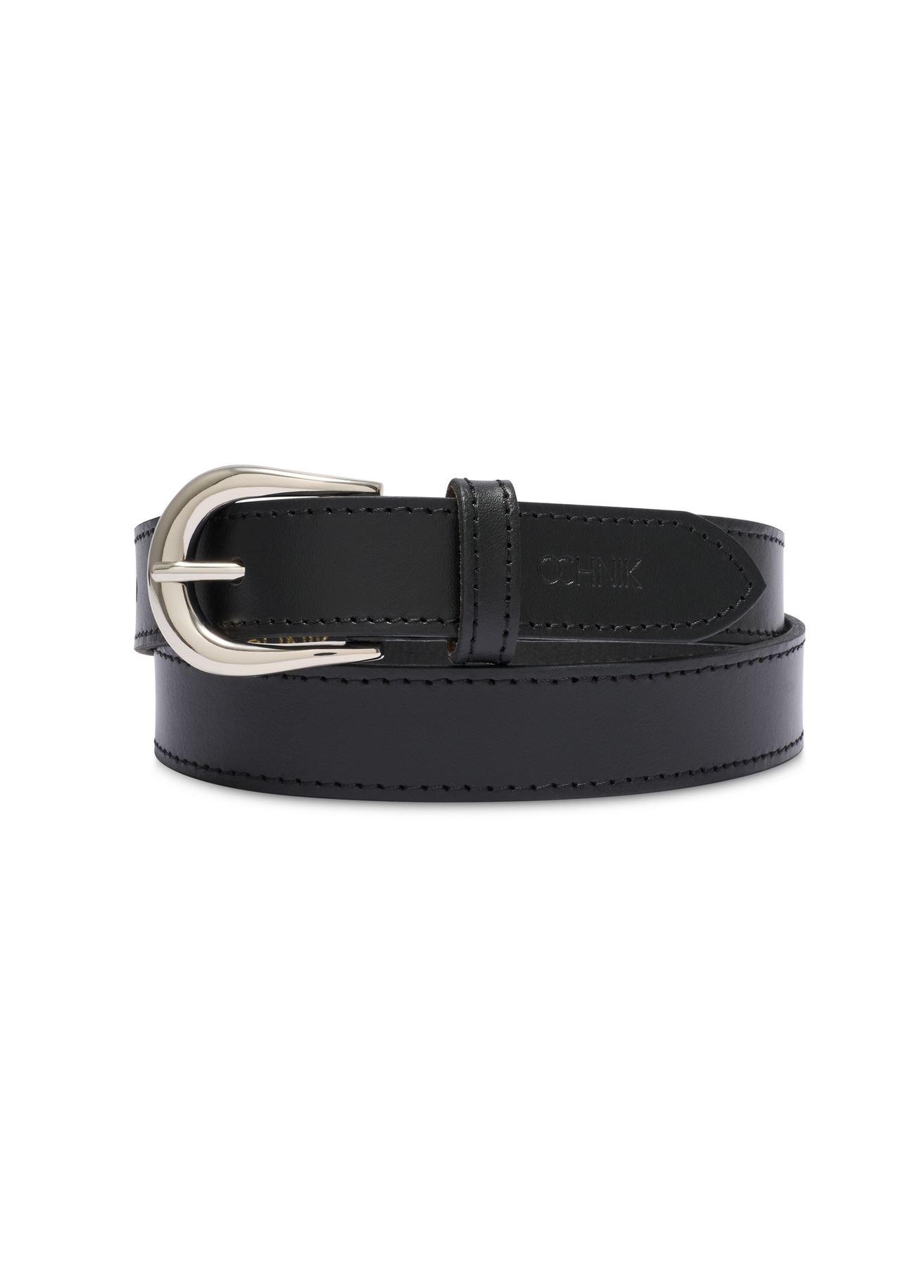 Black leather women's belt PASDS-0303-99(W26), front product view on white background.
