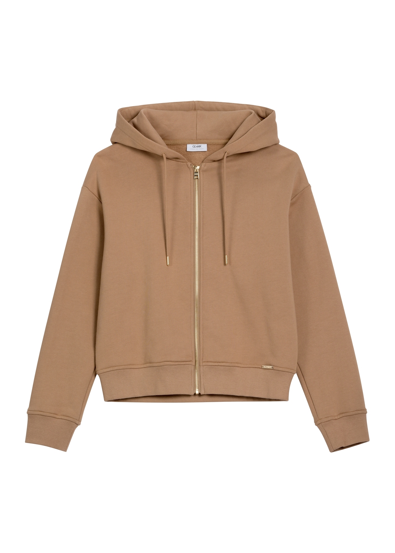 Women's camel zip-up hoodie BLZDT-0122-1D(Z26) - front product view, on a white background.