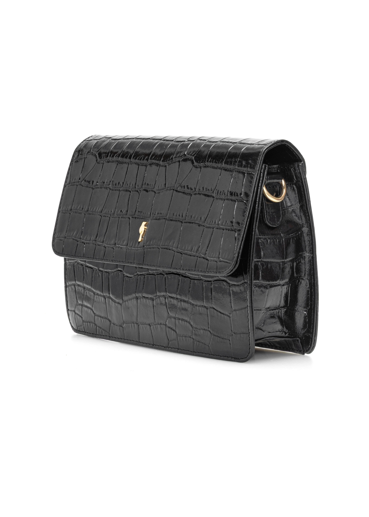Black small croco leather handbag TORES-1233-9G(W26), diagonal product view, on white background.