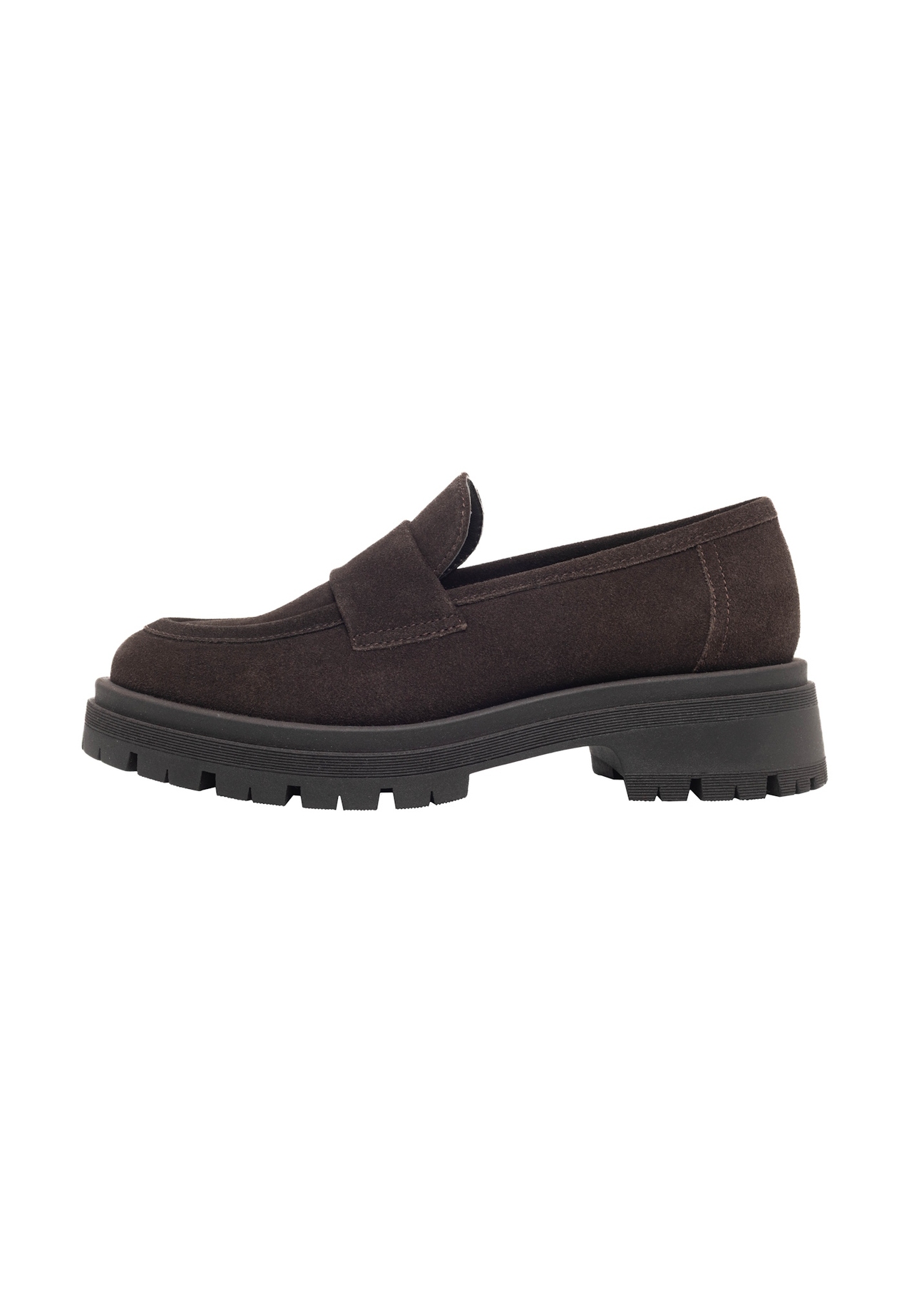 Dark brown suede women's moccasins BUTYD-1187-1I(Z26), side product view on white background.