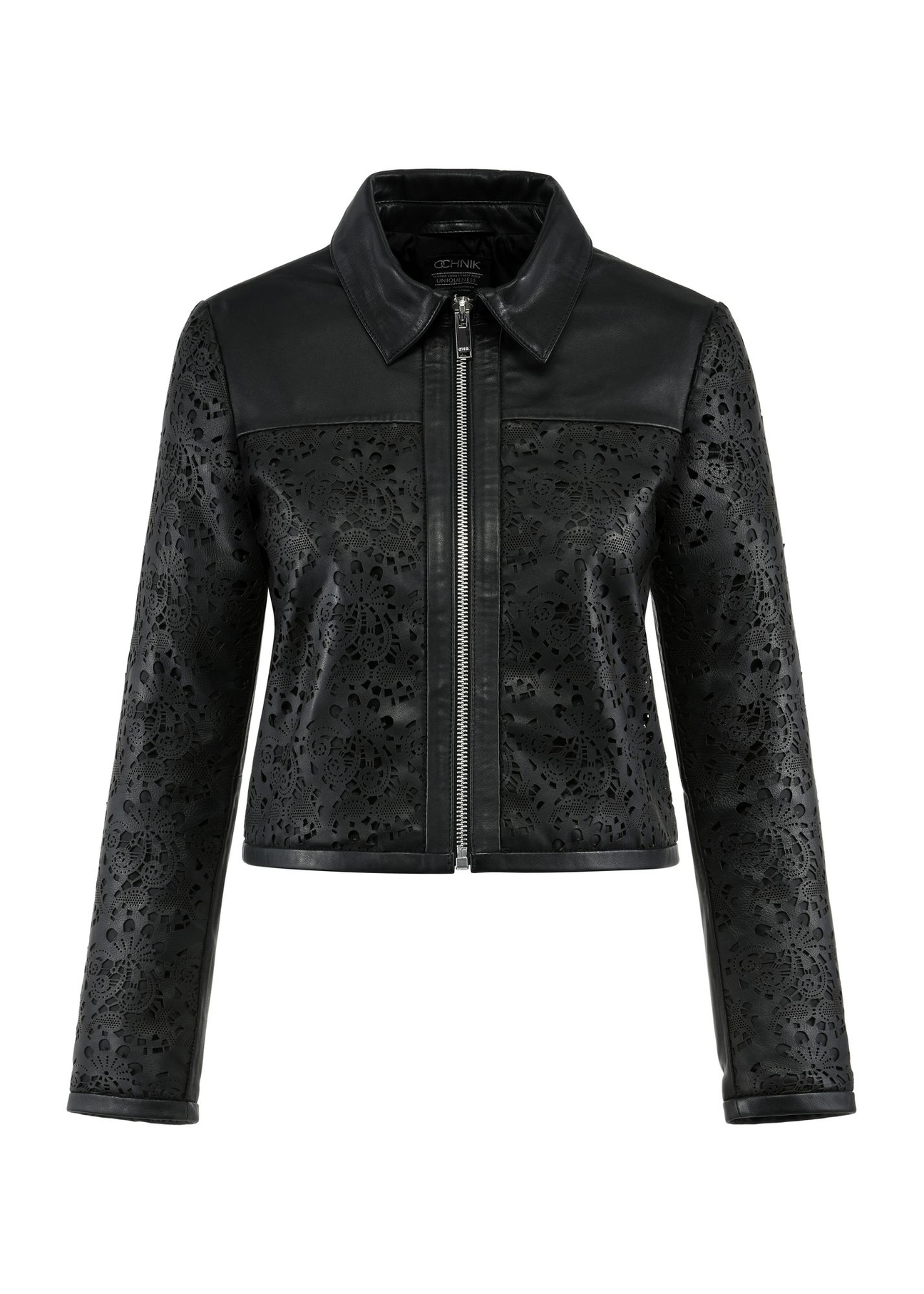 Women's short leather jacket with patterns KURDS-0535-5619(W25)-05
