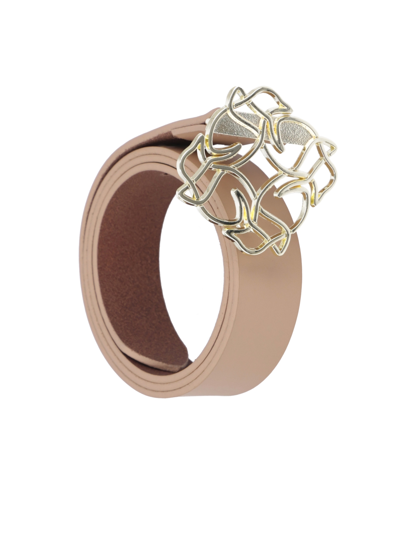 Beige leather women's belt with decorative buckle PASDS-0305-1A(Z26), diagonal product view on white background.