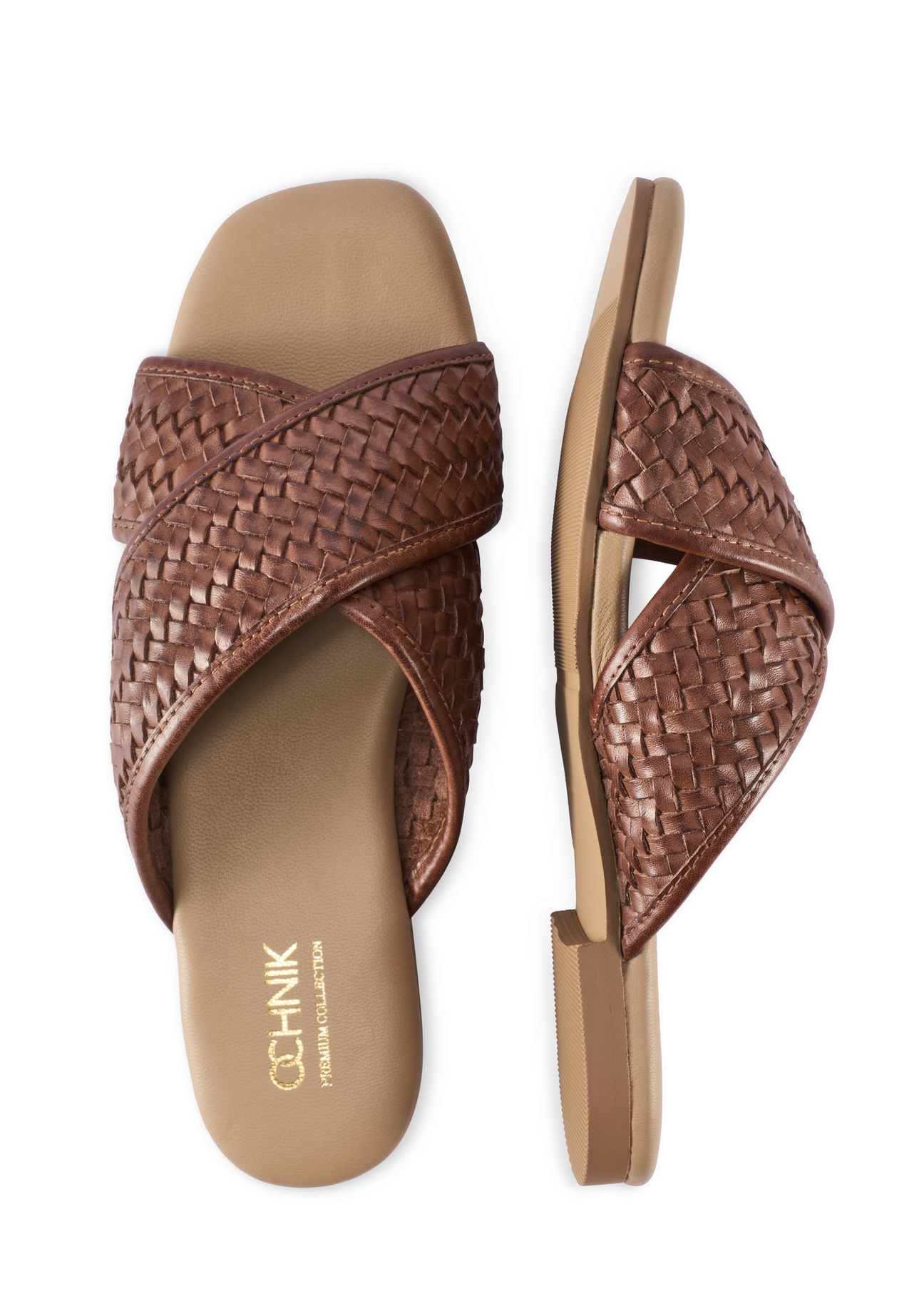 Brown women's flip-flops with braid BUTYD-1254-1H(W26), product view from above on a white background.