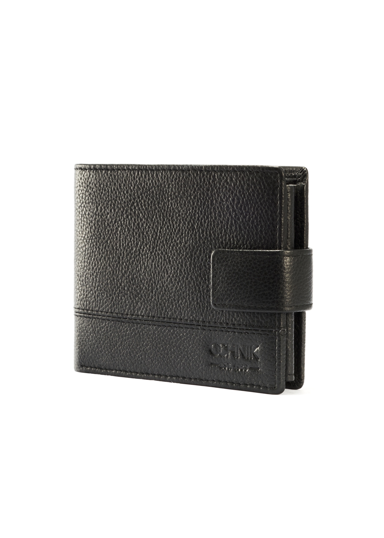 Black men's leather wallet PORMS-0011B-99(W25), diagonal view of the product on a white background.