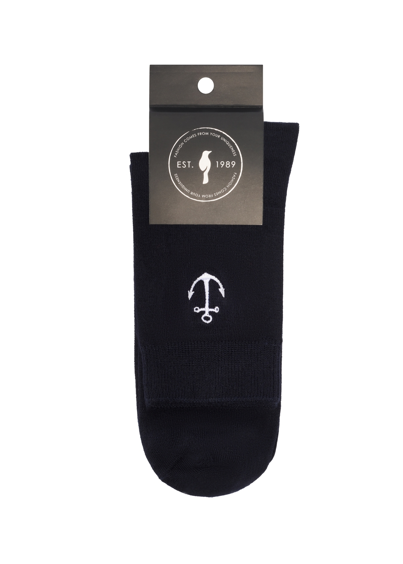 Navy blue men's long socks SKAMT-0202-7E(W26), product view with packaging on white background.