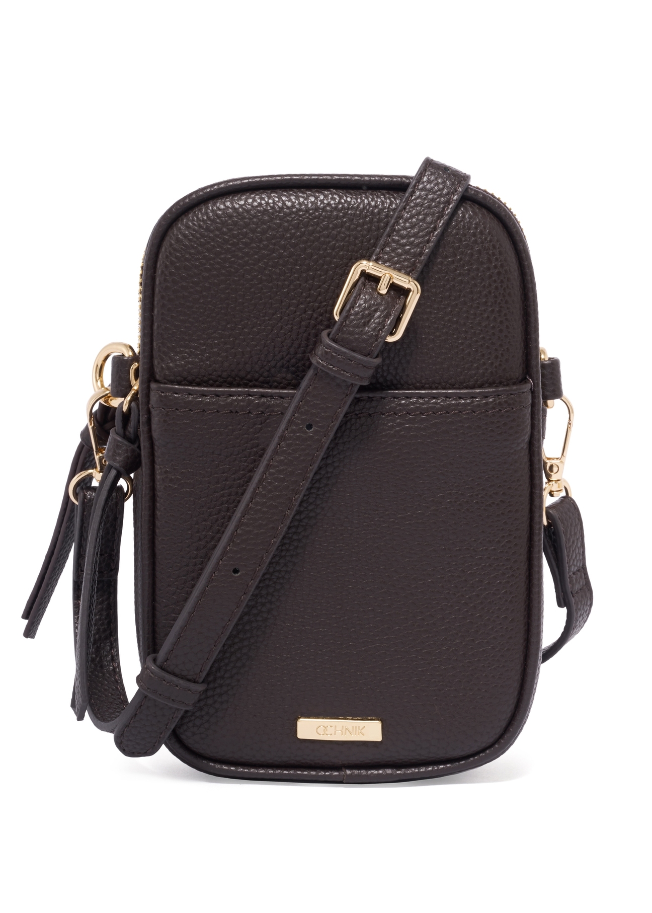 Brown mini women's phone bag TOREC-1368-1I(Z26), product view from the front on a white background.