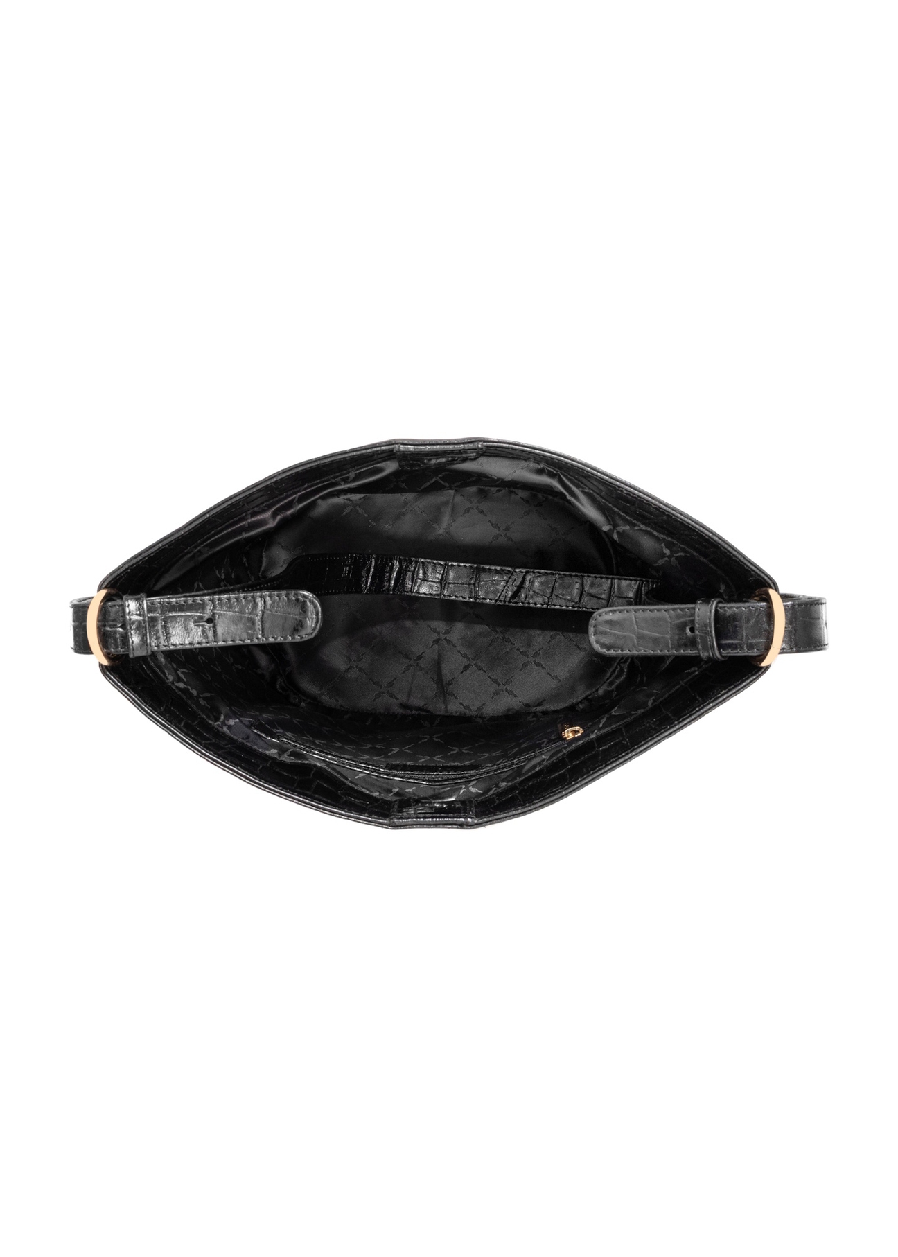Black leather handbag with a crocodile-effect finish, model TORES-1417-9G(Z26); view of the interior on a white background.