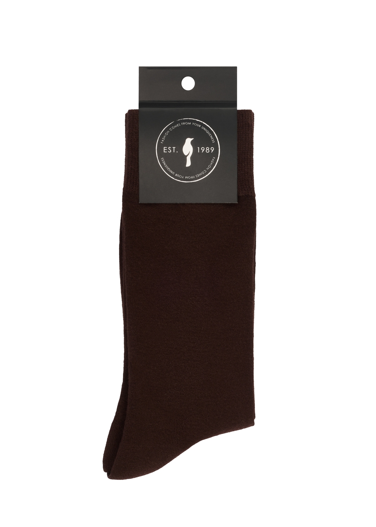 Brown men's long socks SKAMT-0203-1I(W26), product view with packaging on white background.