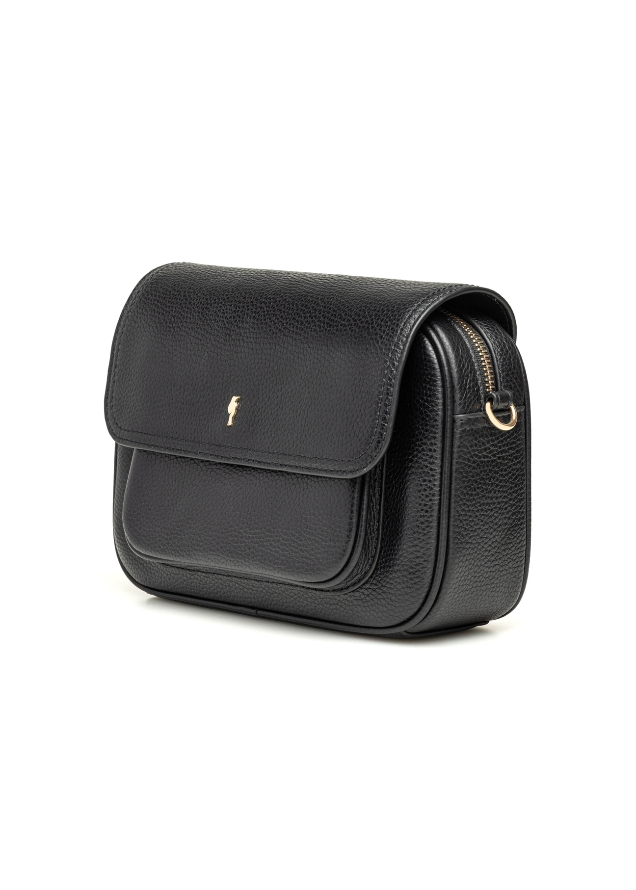 Black leather women's messenger bag TORES-1274-9I(W26), diagonal product view on a white background.