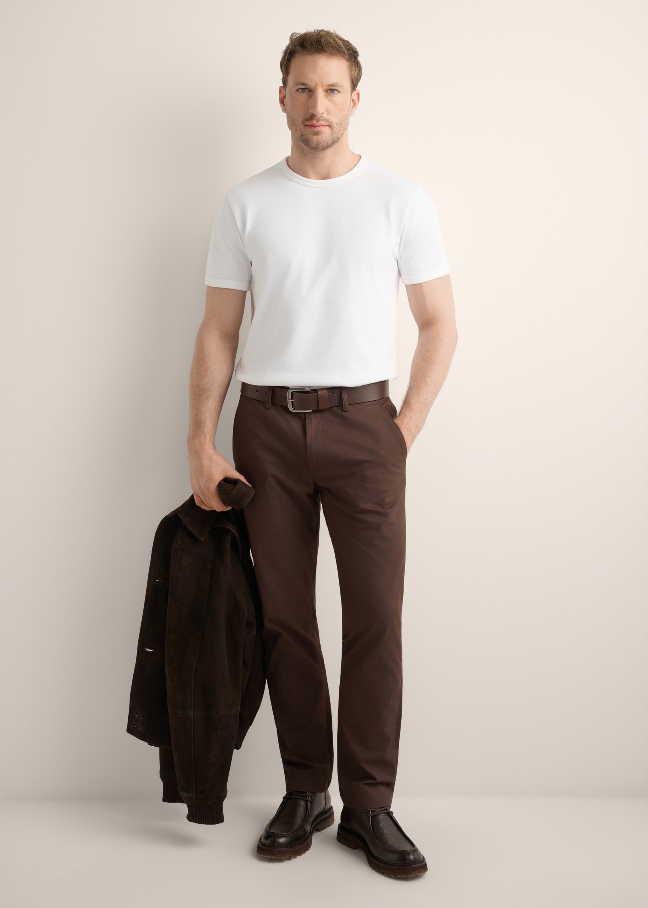 Men's white cotton T-shirt TSHMT-0153-0A(Z26), front view of the product on the model. Full body visible.