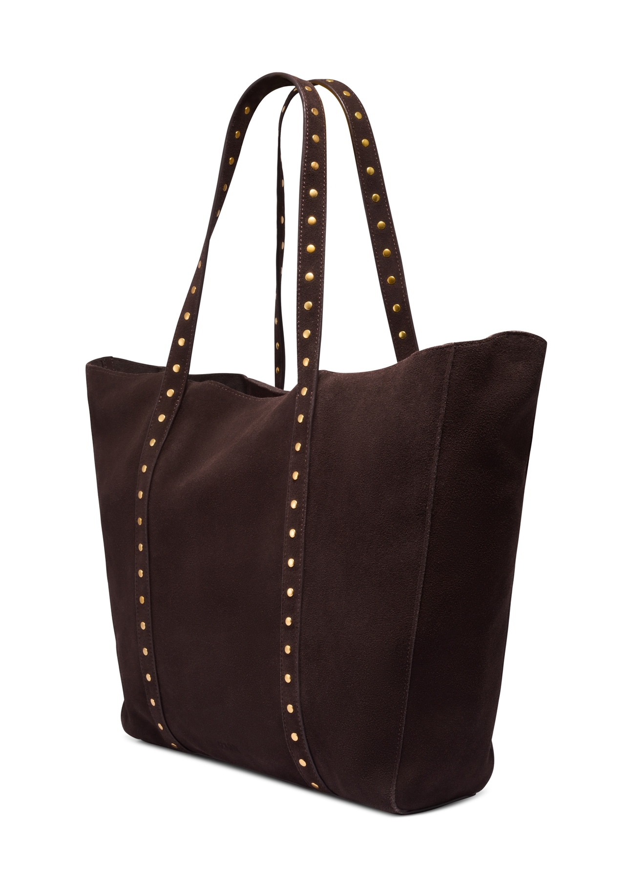 Brown suede women's handbag with studs TORES-1382-1I(Z26), diagonal product view on white background.