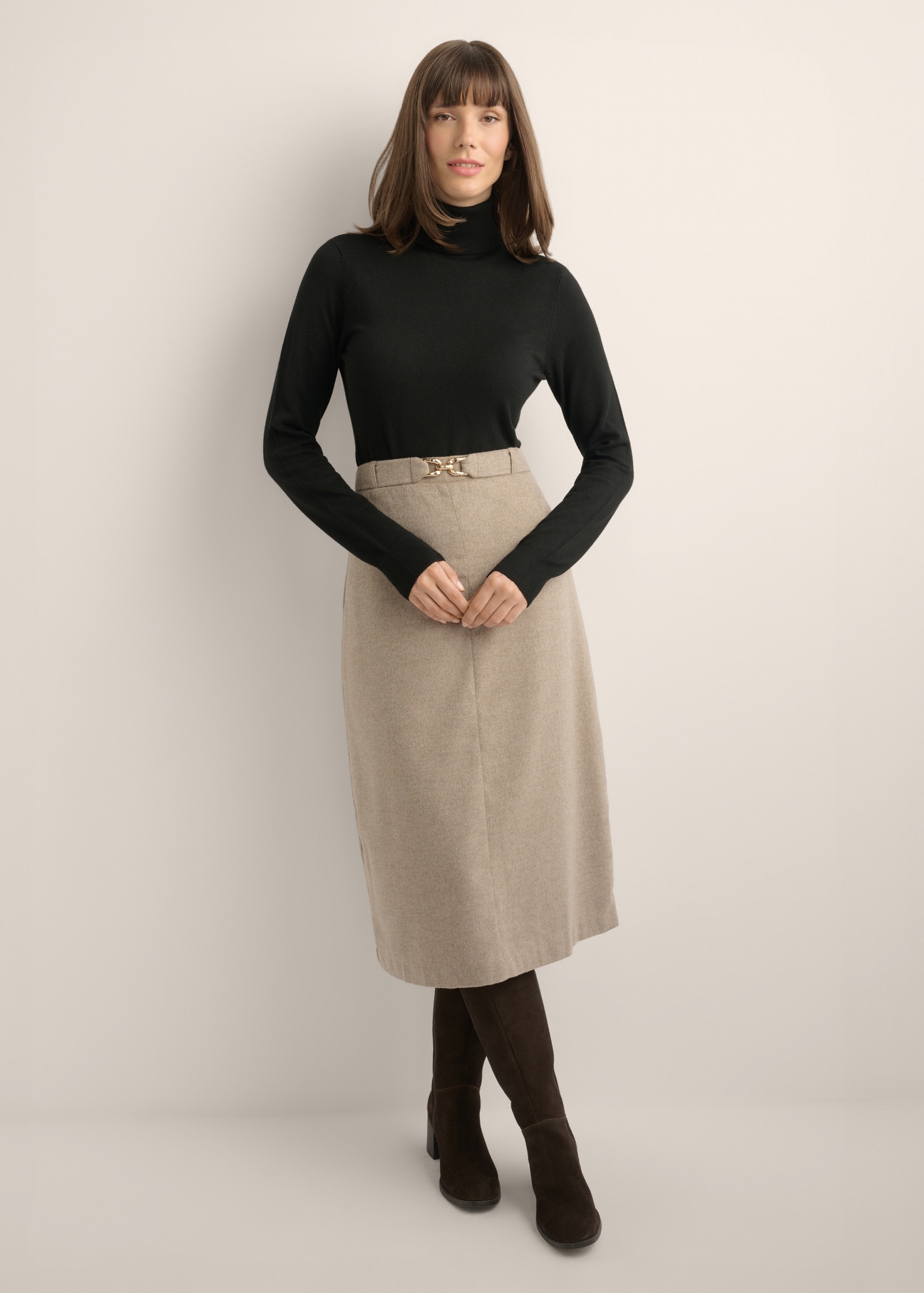 Beige A-line Midi Skirt with Wool SPCDT-0136-1J(Z26)