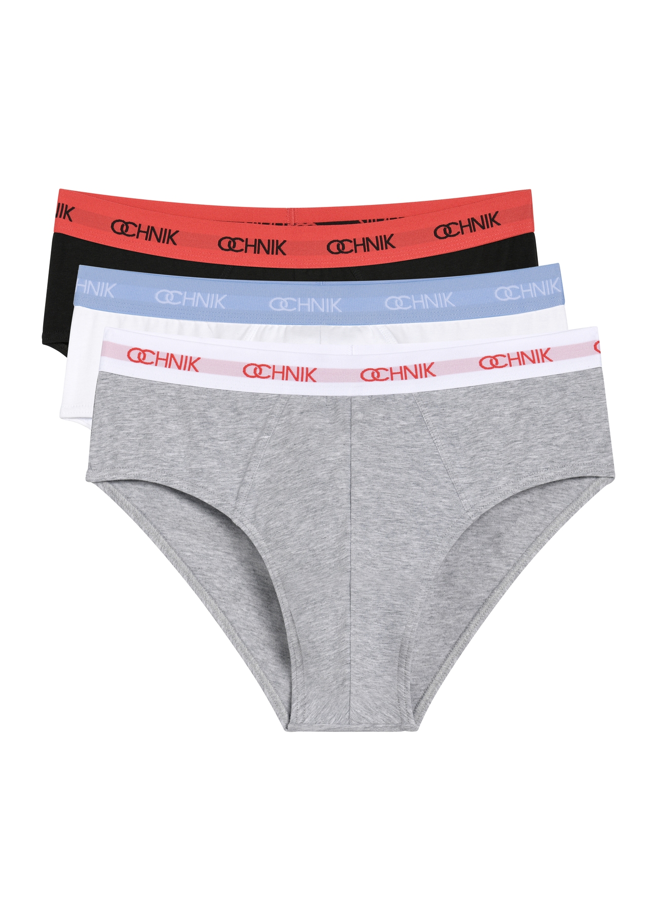 Three-pack of colorful men's briefs ZESMS-0002-00(W26), front view of the product in the set on a white background.