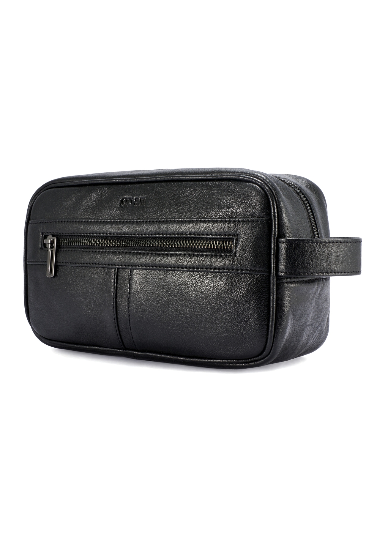 Black leather men's cosmetic bag TORMS-0490-99(W26), diagonal product view on white background.