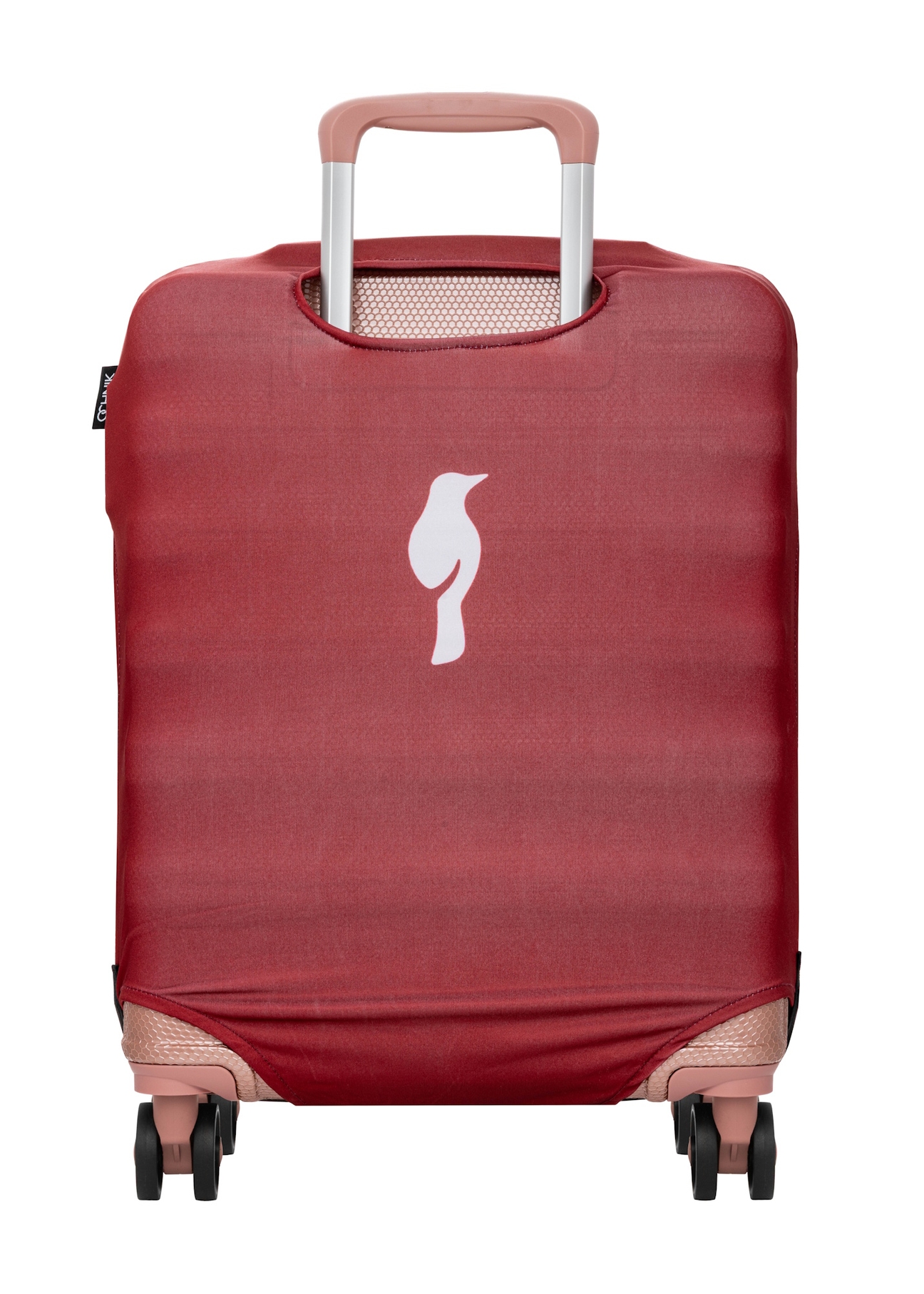 Red cover for a small suitcase with the AW-013-0002-4B-S(W26) logo, product view from the back on the suitcase.