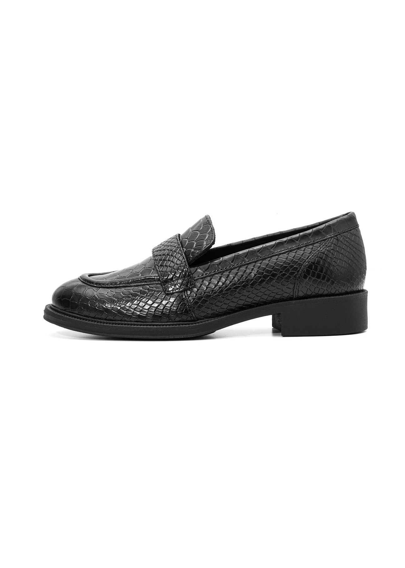 Black leather women's croco moccasins BUTYD-1198-99(Z25), side view of the product on a white background.