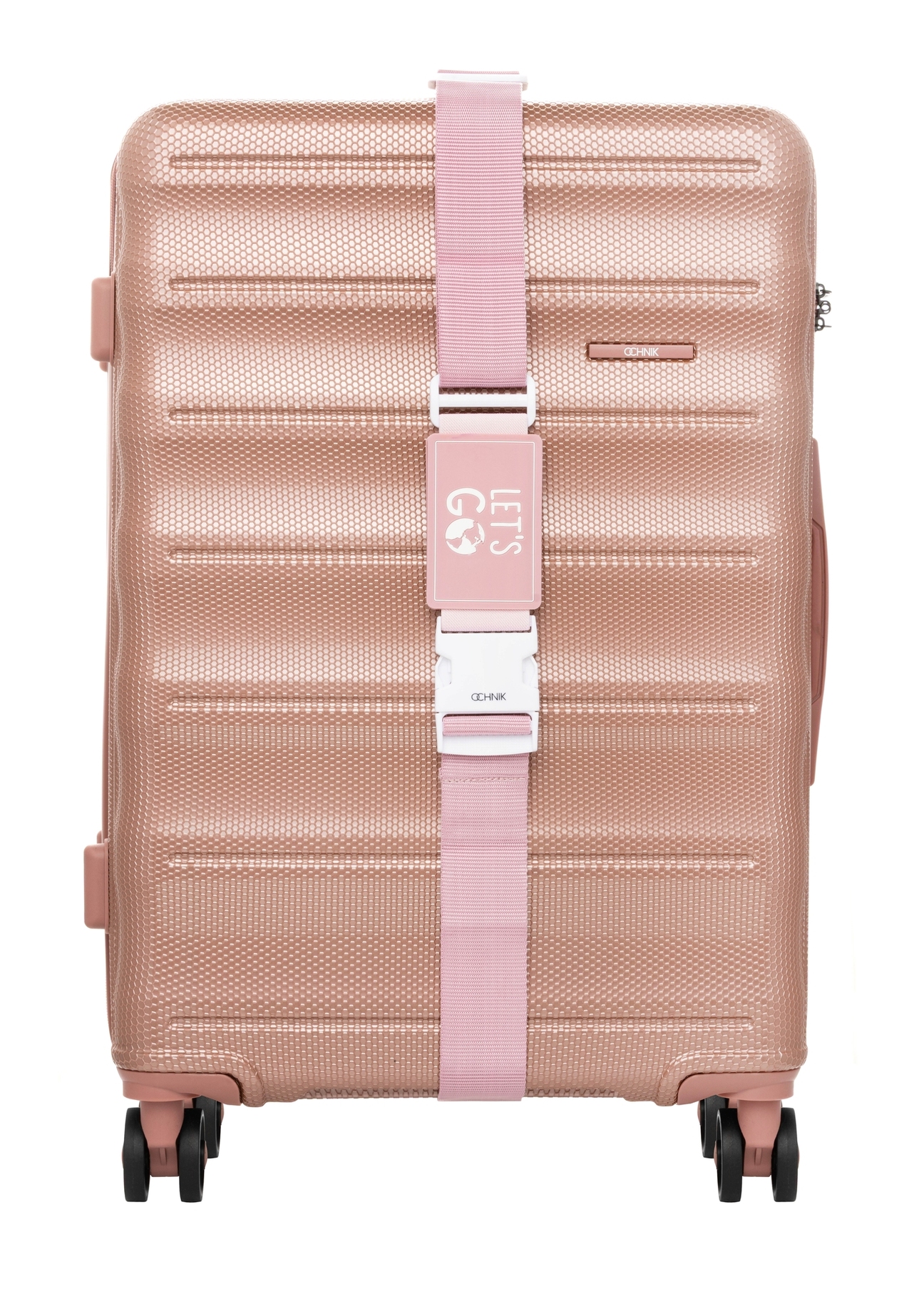 Luggage belt in pink color AW-011-0002-5D(W26), product view from the front on a suitcase on a white background.